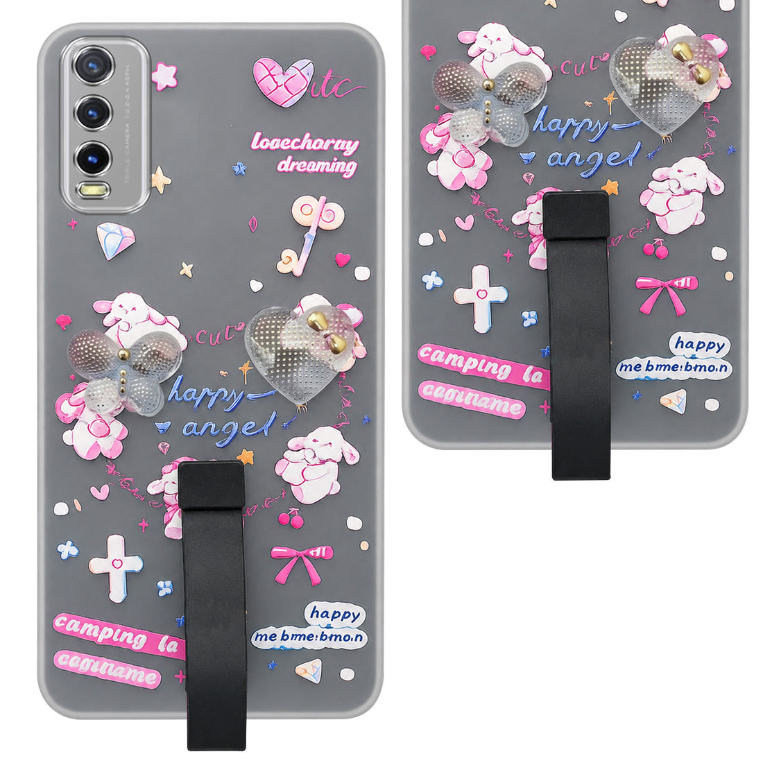 For Vivo Y20 | Y20i Back Cover Case (3D Cute Heart Strap Holder | Camera Protection | Designer Girls Print)