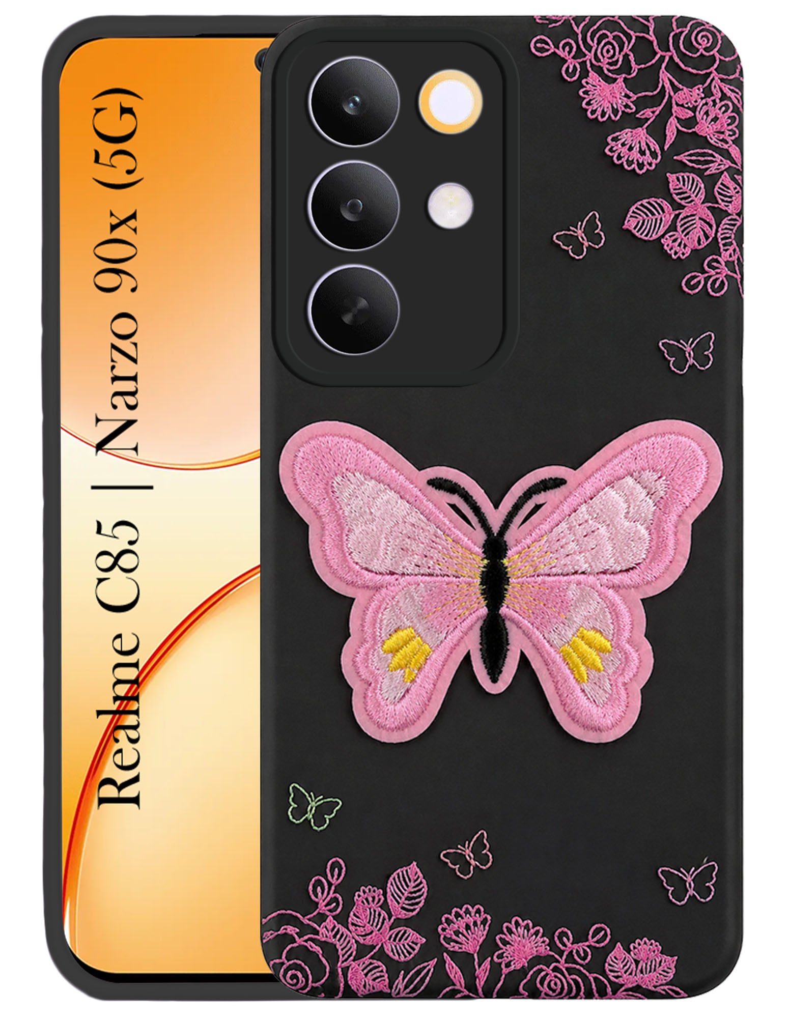 For Realme C85 5G | Realme Narzo 90x Back Cover Case (Soft Butterfly Embroidery | Women Teen Girls | Camera Protection| Matte Silicone)
