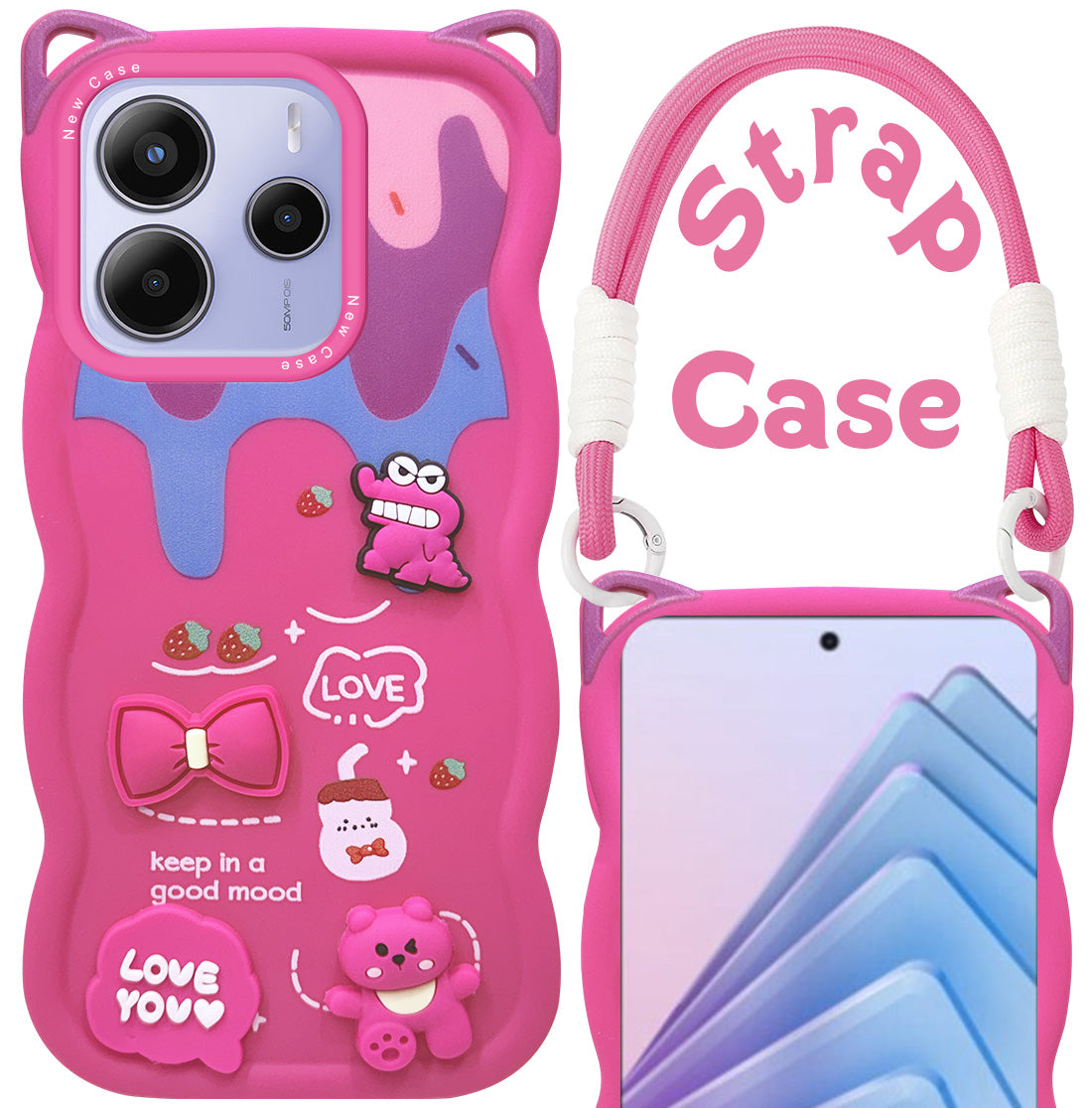 For Redmi Note 14 5G | Redmi Note 14 SE Back Case Cover Strap (3D embossed Figures | Strap Holder | 360* Soft Cushion with Camera Bump)
