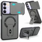 For Realme C85 5G | Realme Narzo 90x Back Case Cover Metallic (Hybrid Armor Kickstand | Sliding Shutter Camera Protection | MagSafe Compatible)