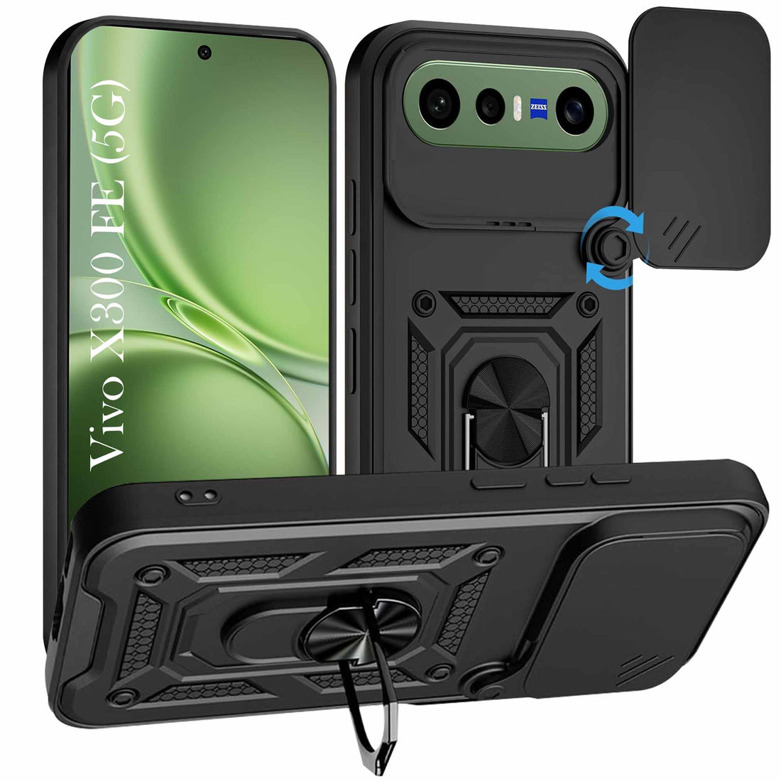 For Vivo X300 FE Back Cover Case Hybrid Armor (Sliding Shutter Camera Protection | Polycarbonate |Ring Holder Kickstand)