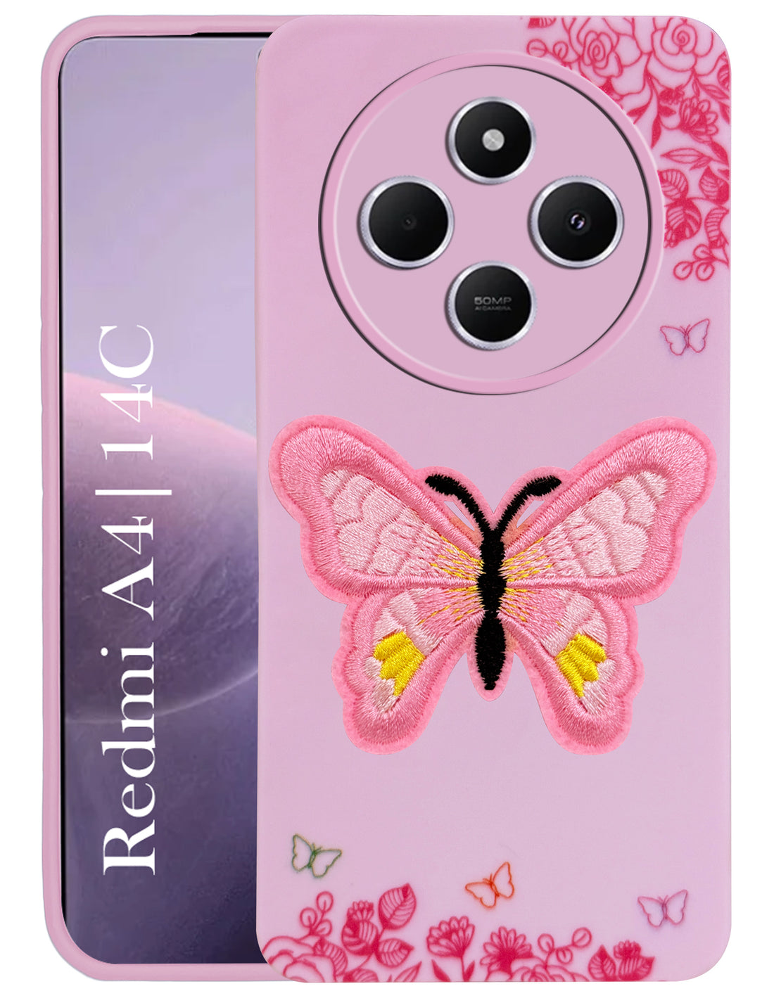 For Redmi A4 5G | Xiaomi Redmi 14C Back Cover Case (Soft Butterfly Embroidery | Women Teen Girls | Camera Protection| Matte Silicone)