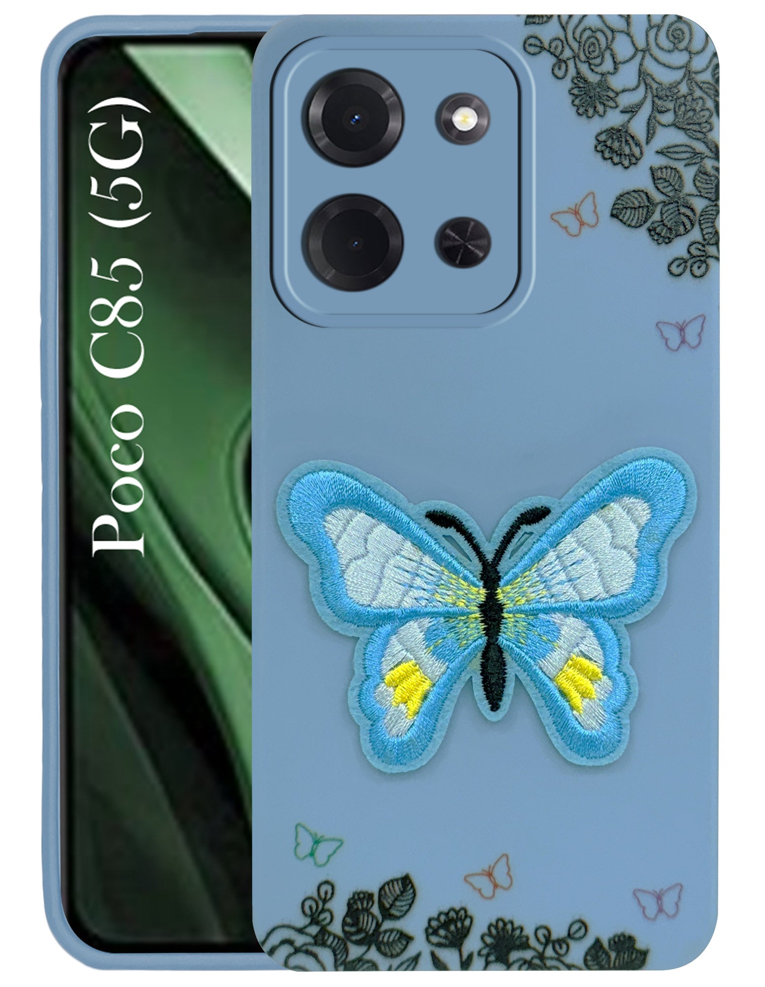 For Poco C85 5G Back Cover Case (Soft ButterFly Embroidery | Women Teen Girls | Camera Protection| Matte Silicone)