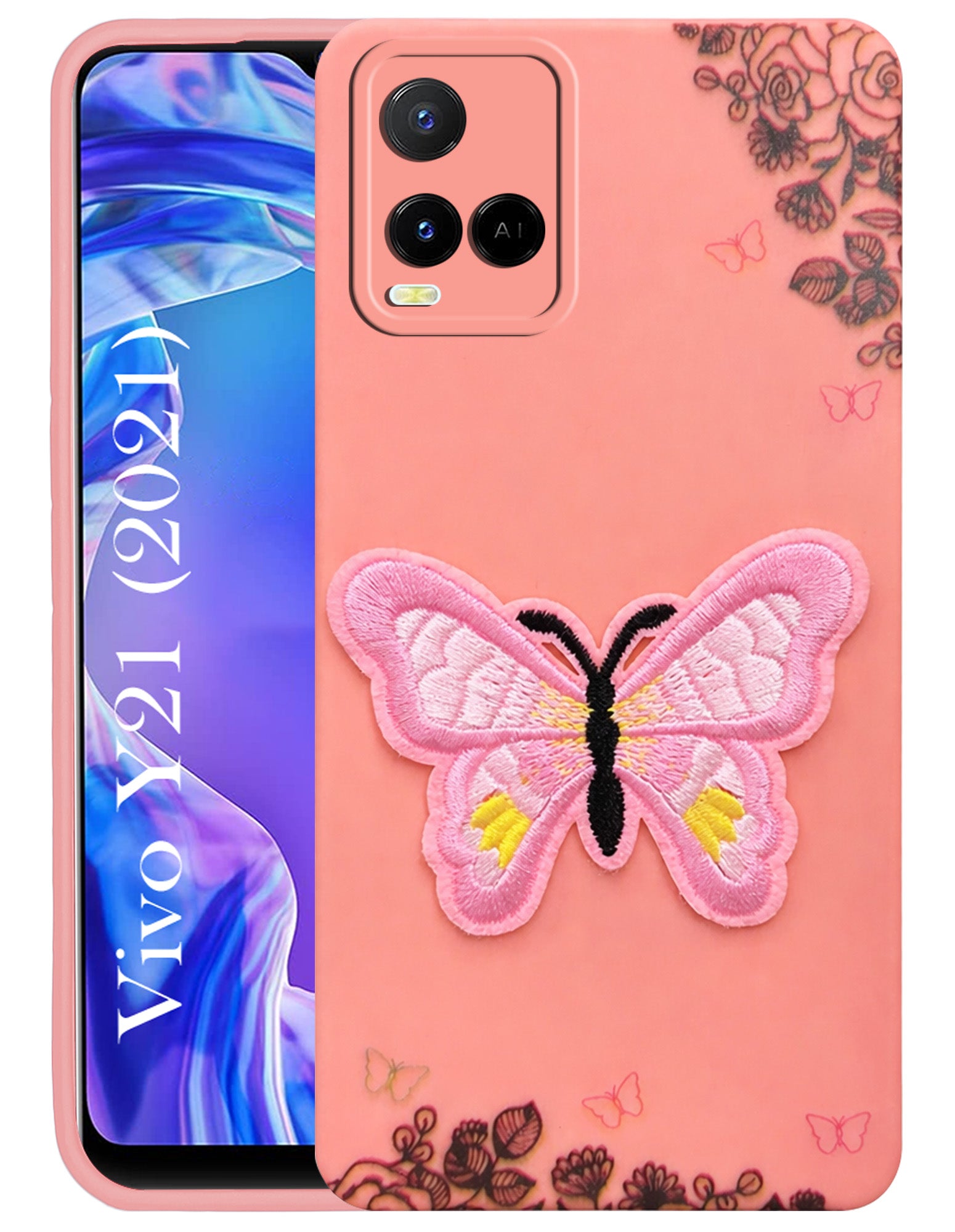 For Vivo Y21e | Vivo Y21A | Vivo Y32 Back Cover Case (Soft Butterfly Embroidery | Women Teen Girls | Camera Protection| Matte Silicone)