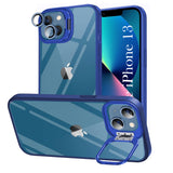 For Apple iPhone 13 Back Cover Case (Camera Lens Glass | Metal Stand Holder | Shockproof Hybrid | Anti Yellow)