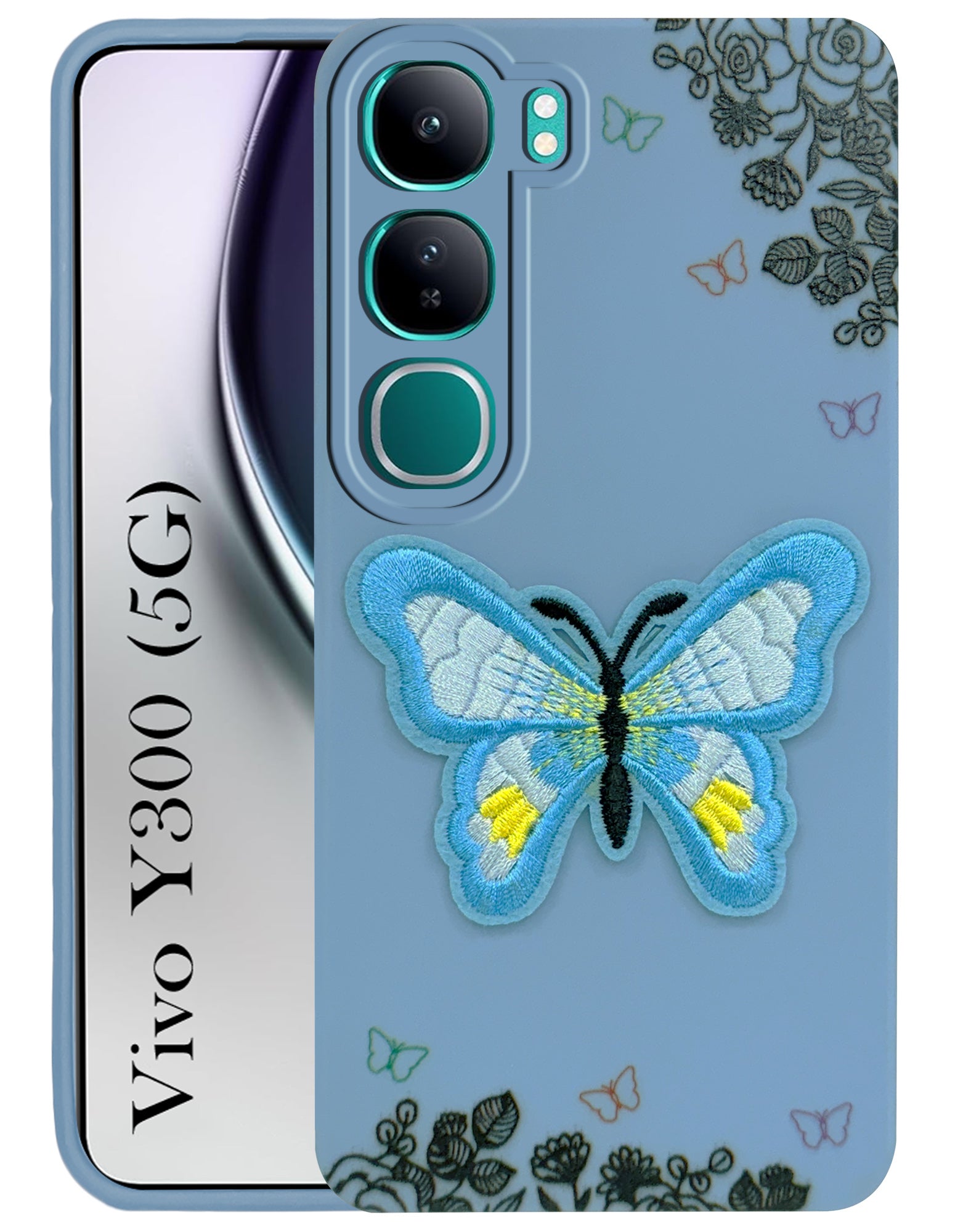 For Vivo Y300 Back Cover Case (Soft Butterfly Embroidery | Women Teen Girls | Camera Protection| Matte Silicone)