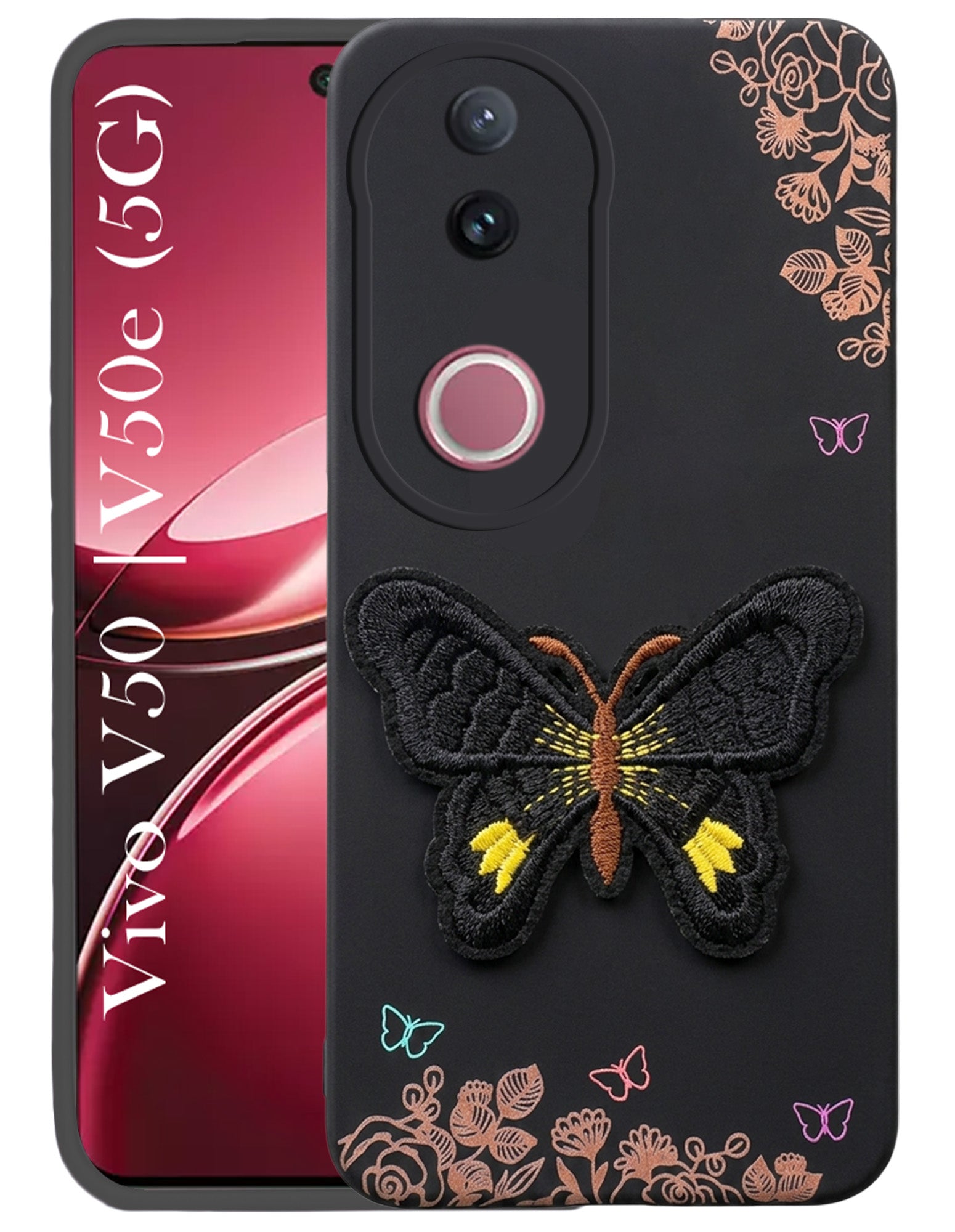 For Vivo V50 | Vivo V50e Back Cover Case (Soft Butterfly Embroidery | Women Teen Girls | Camera Protection| Matte Silicone)