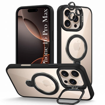For iPhone 16 Pro Max Back Cover Case Crystal (Lifetime Anti Yellow | Magnetic Ring Stand | Camera Lens Protection | MagSafe Compatible)