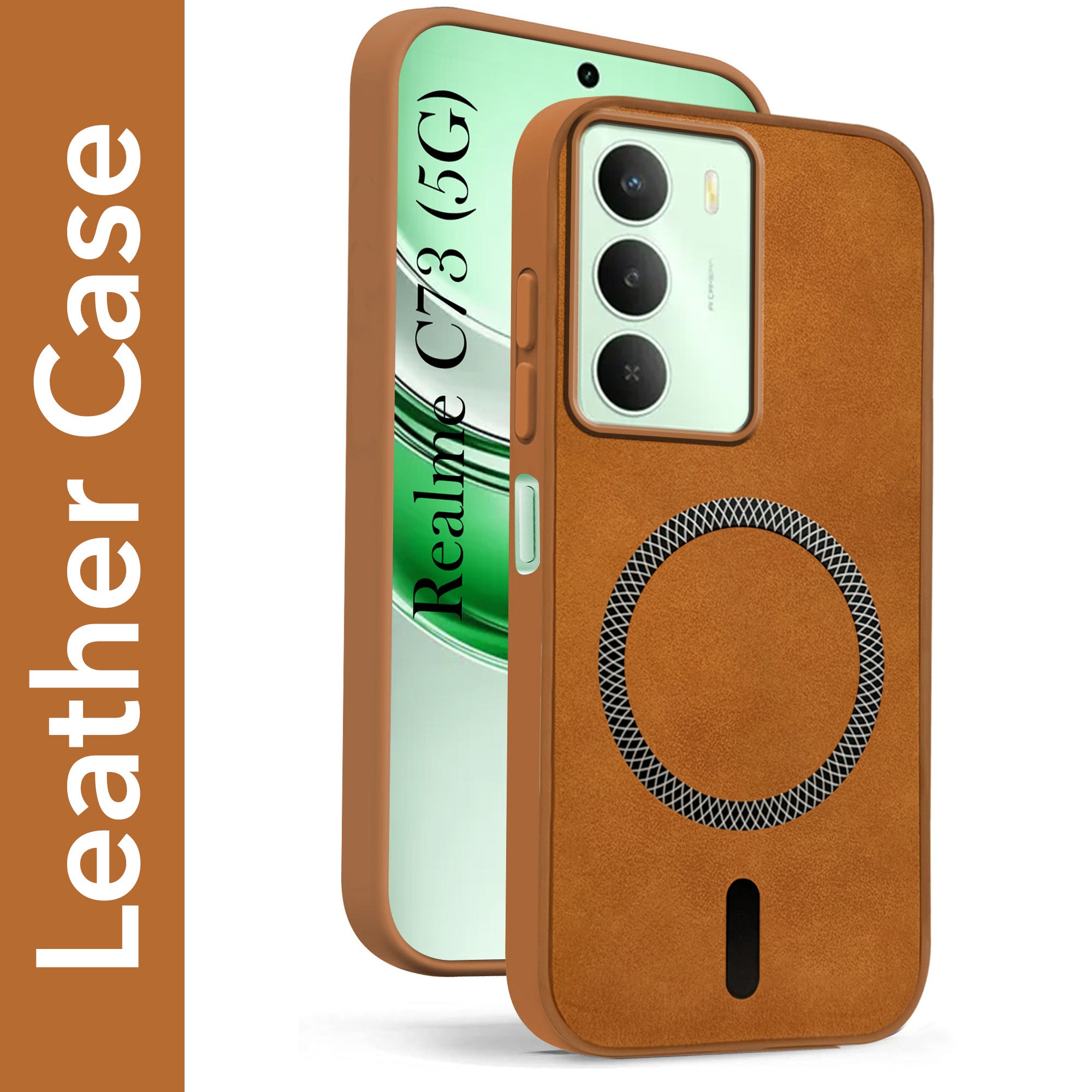 For Realme C73 Back Cover Case Leather Finish (MagSafe Compatible Wireless Charging | Soft Touch | Camera Bump Protection)