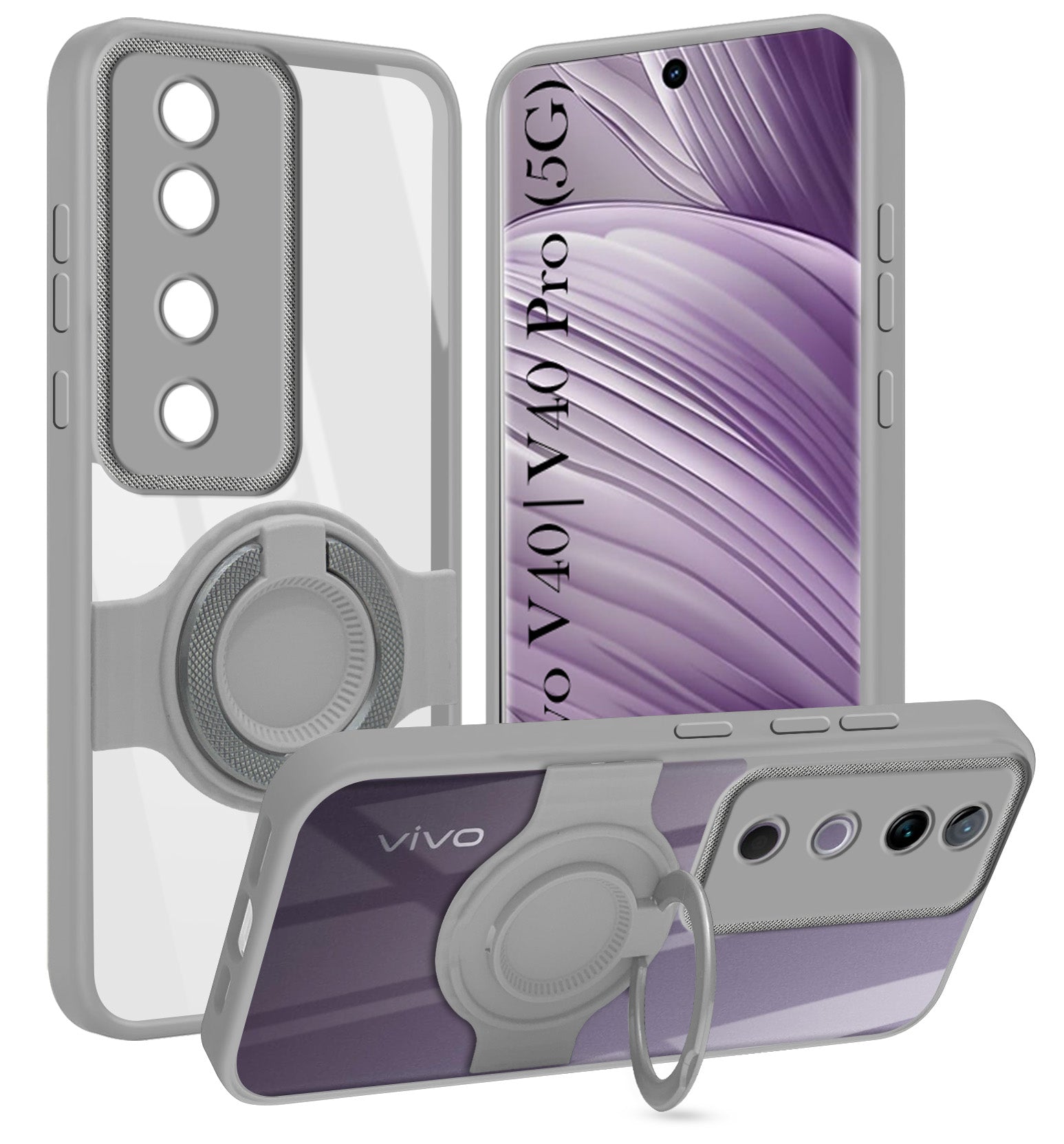 For Vivo V40 | Vivo V40 Pro 5G Back Cover Case with stand (Built-in Ring Holder Kickstand | Lifetime Anti Yellow | Camera Protection)