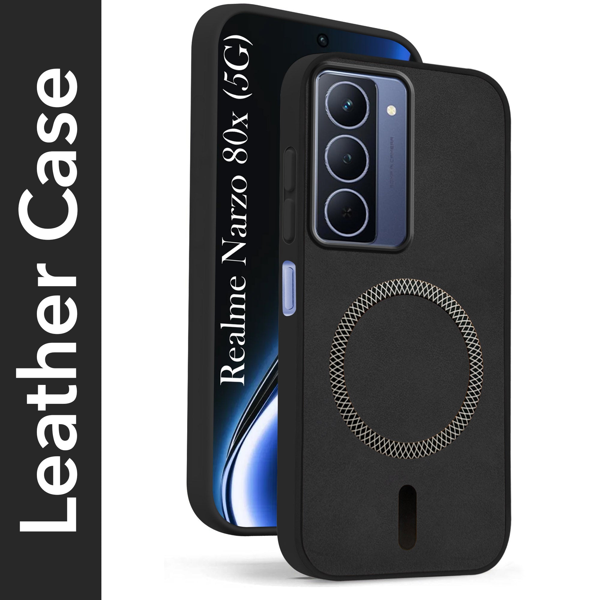 For Realme Narzo 80x Back Cover Case Leather Finish (MagSafe Compatible Wireless Charging | Soft Touch | Camera Bump Protection)