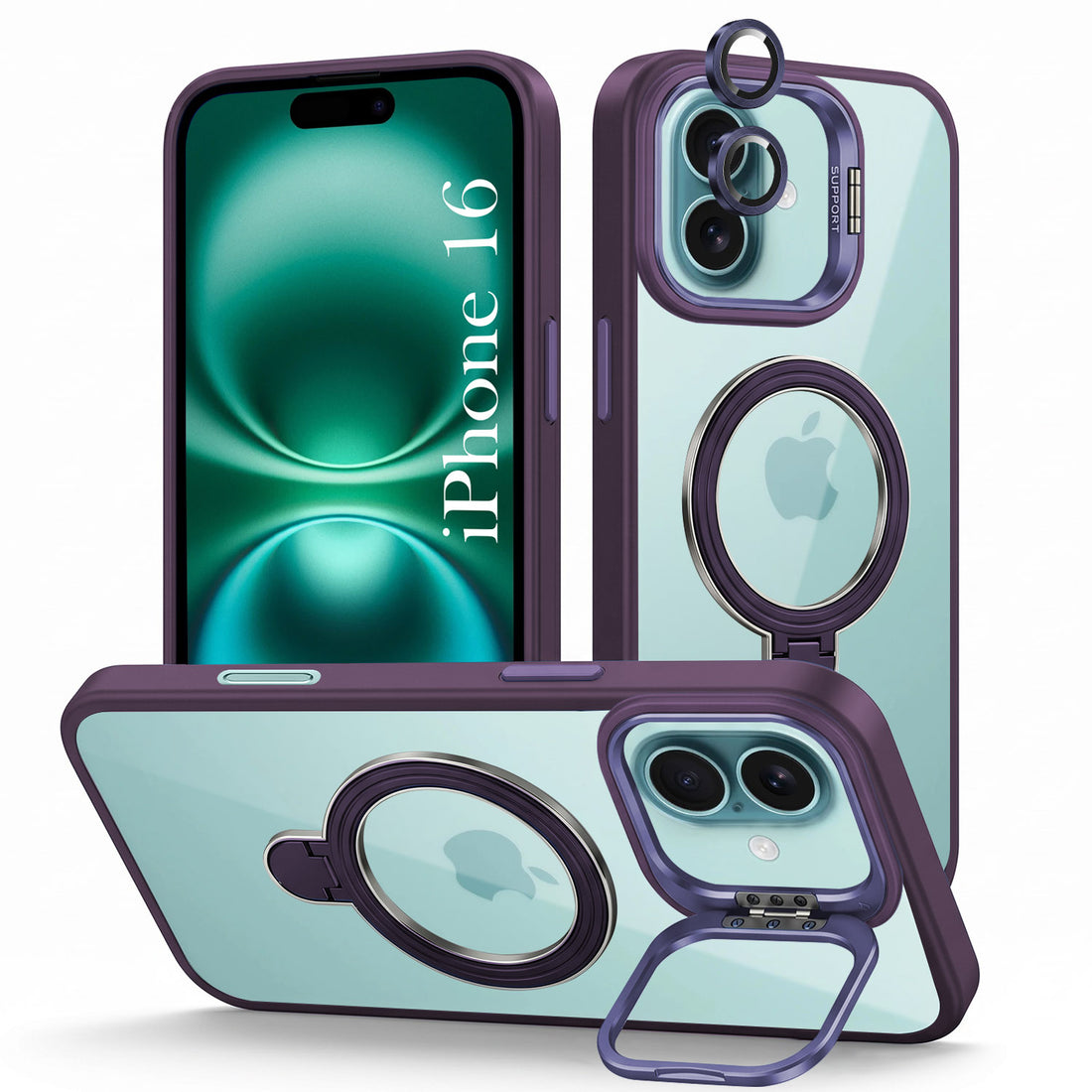 For Apple iPhone 16 Back Cover Case Crystal (Lifetime Anti Yellow | Magnetic Ring Stand | Camera Lens Protection | MagSafe Compatible)