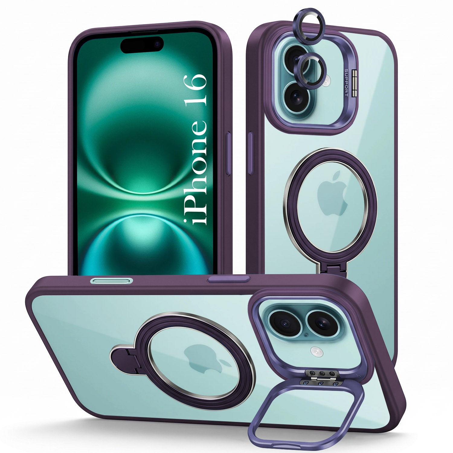 For Apple iPhone 16 Back Cover Case Crystal (Lifetime Anti Yellow | Magnetic Ring Stand | Camera Lens Protection | MagSafe Compatible)