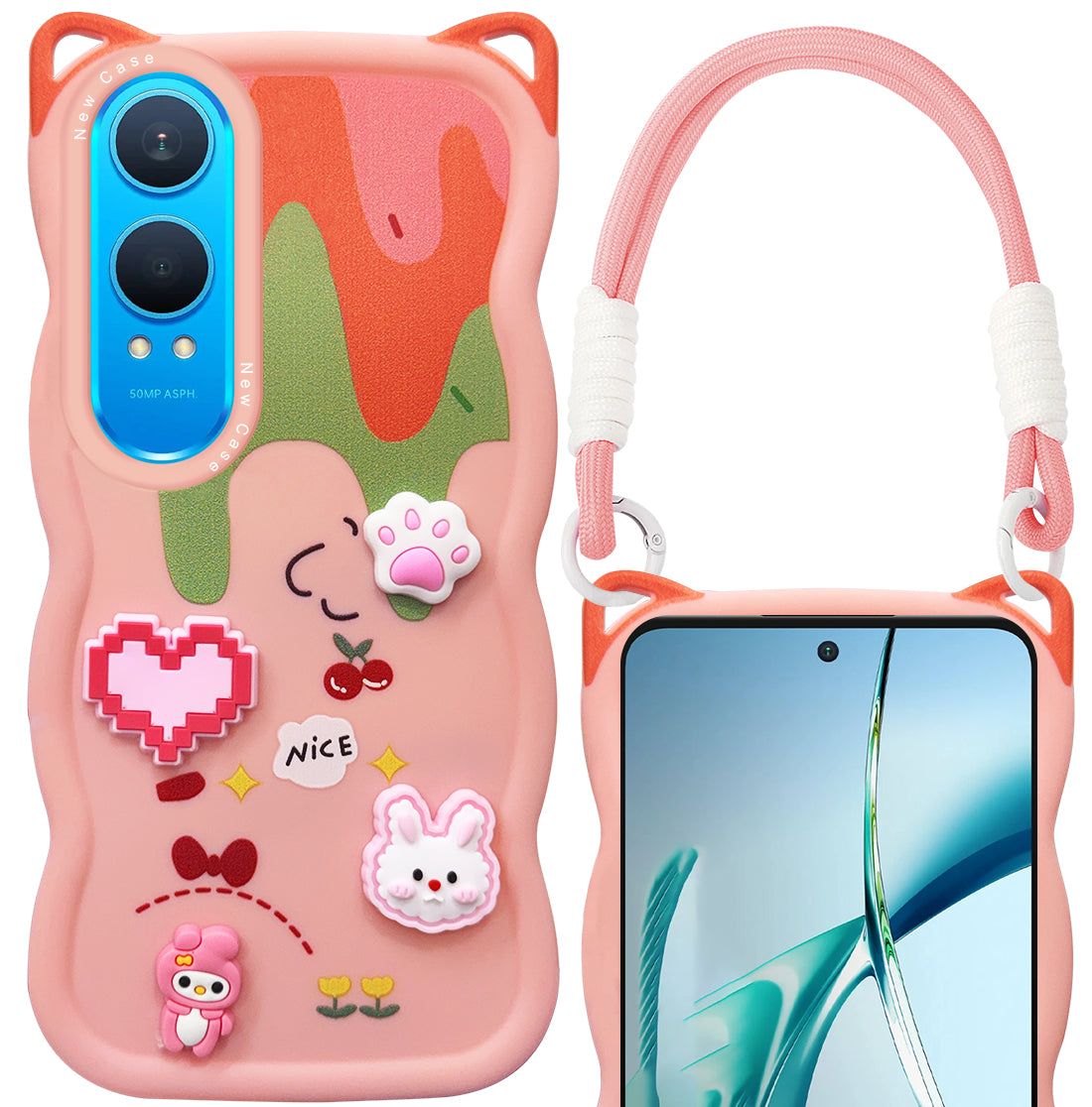 For OnePlus Nord CE 4 Lite Back Case Cover Strap (3D embossed Figures | Strap Holder | 360* Soft Cushion with Camera Bump)
