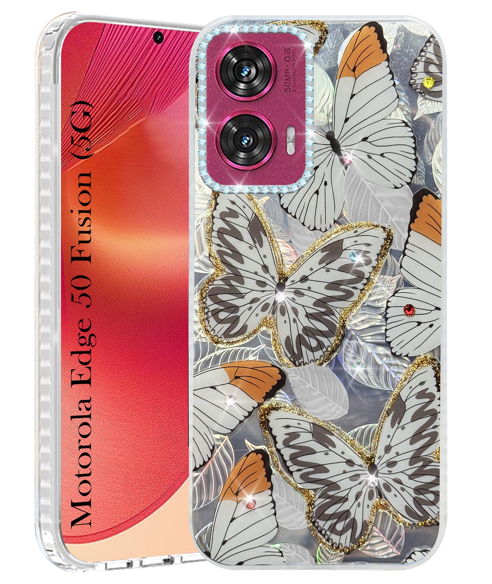 For Motorola Moto Edge 50 Fusion Back Cover Case (Luxury Floral Glitter Cute Butterfly | Diamond Studded Camera Bump | Girls & Women Design)