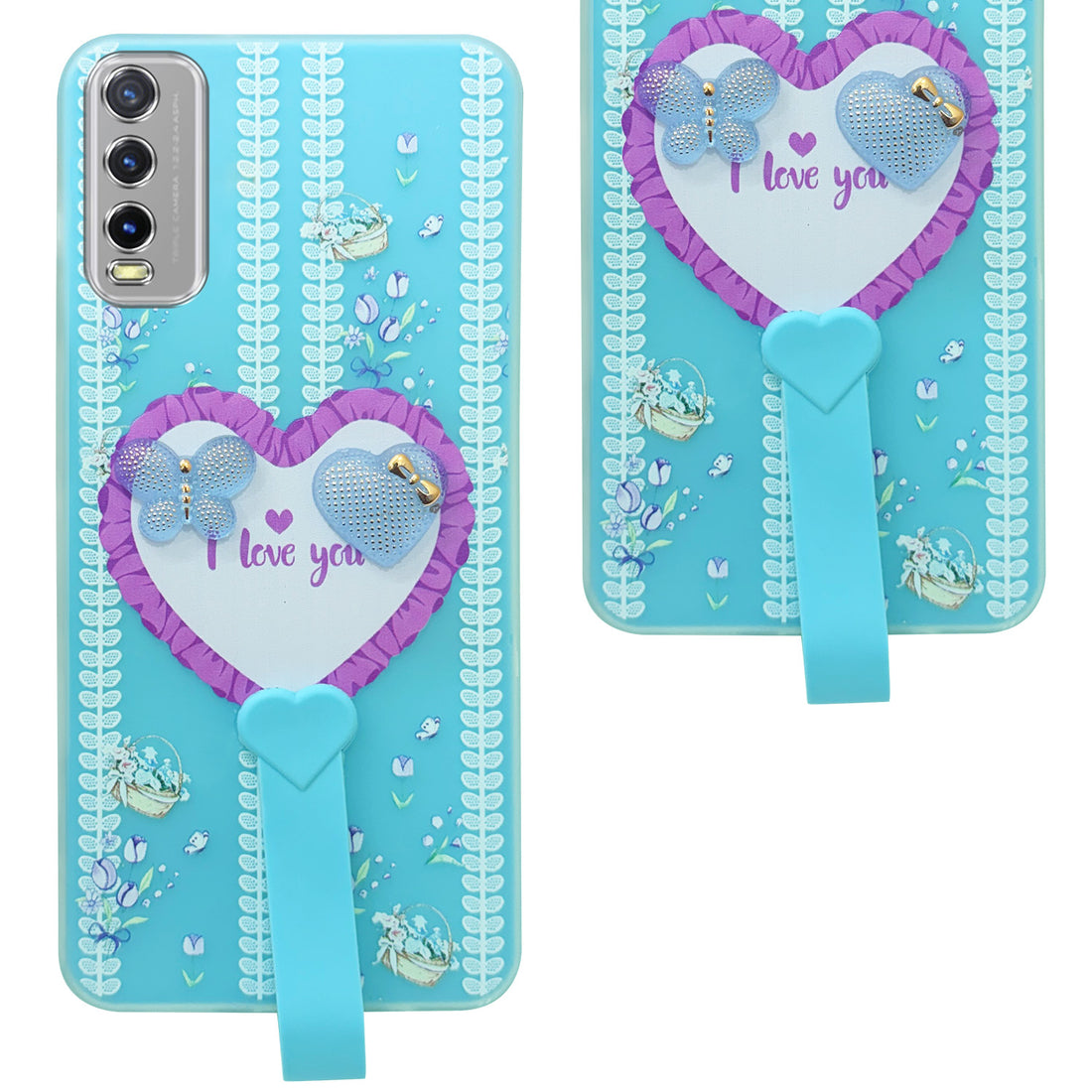For Vivo Y20 | Y20i Back Cover Case (3D Cute Heart Strap Holder | Camera Protection | Designer Girls Print)