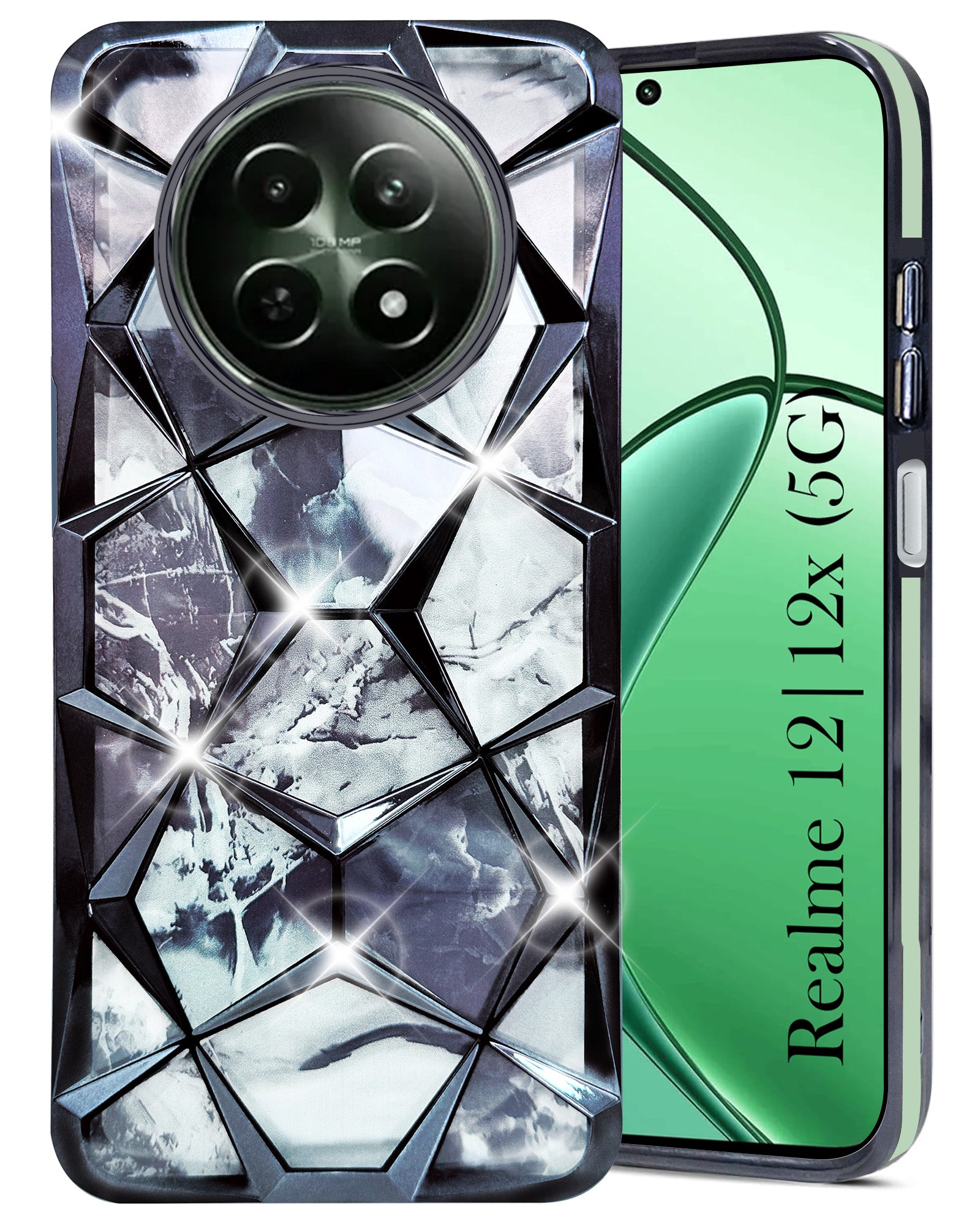 For Realme 12 | Realme 12X Back Cover Case( Dual Design Glitter Sparkle and Detachable Diamond Print Case | Soft and Flexible)