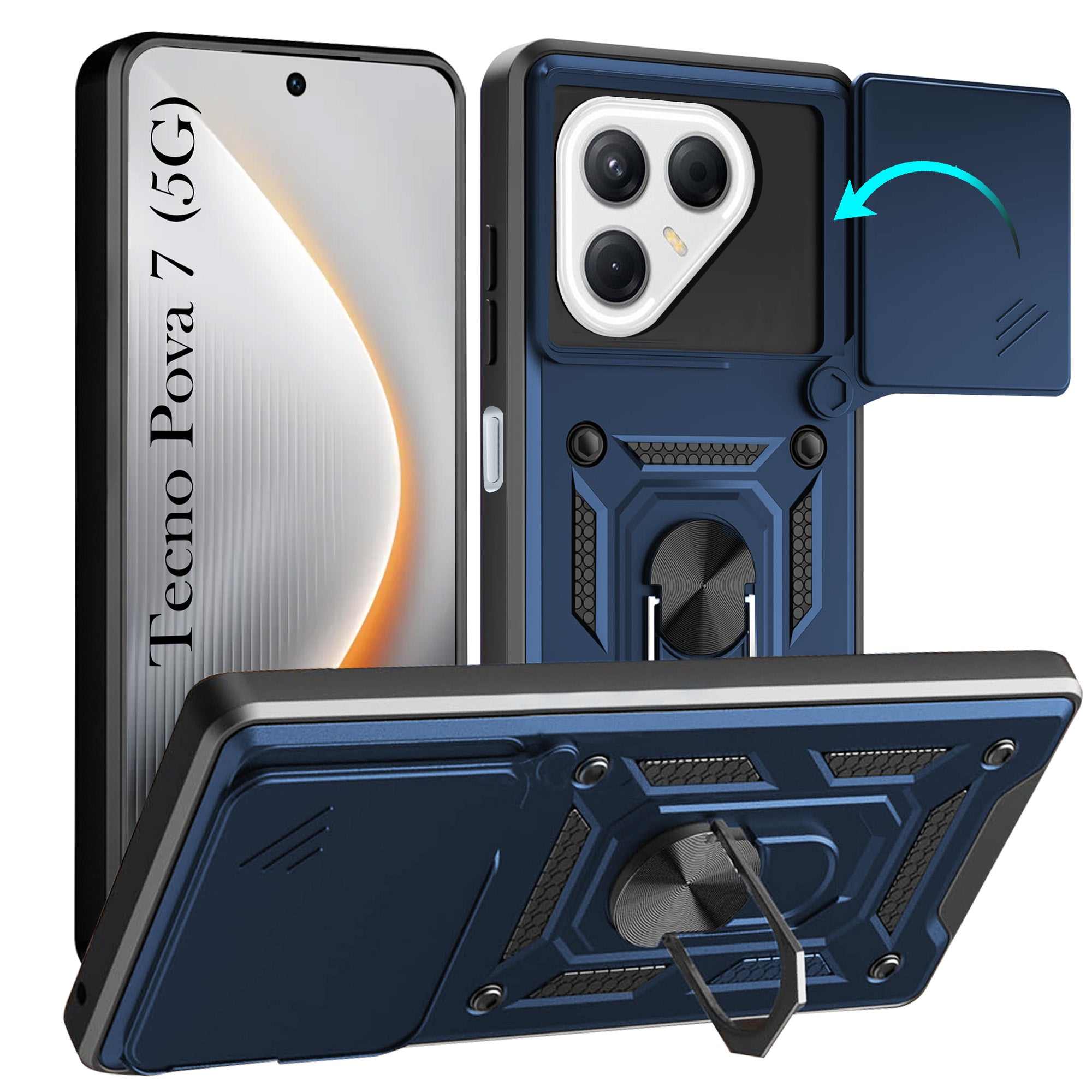 For Tecno Pova 7 5G Back Cover Case Hybrid Armor (Sliding Shutter Camera Protection | Polycarbonate |Ring Holder Kickstand)