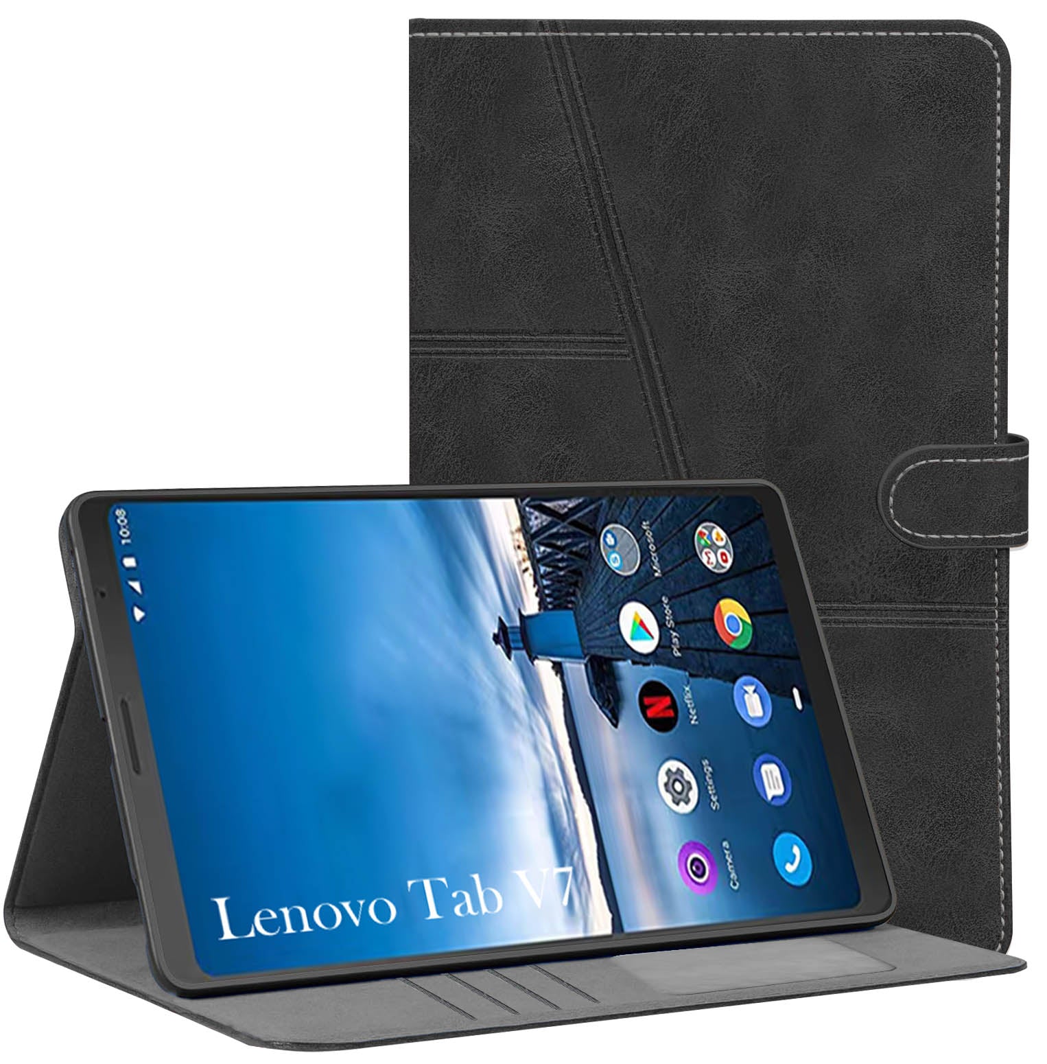 For Flip Cover Folio Case Lenovo Tab V7 (PB-6505M, PB-6505MC) 8 Inch (PU Leather | Multi-Angle Smart Stand | Card Storage Slots | Silicone Back Pouch)