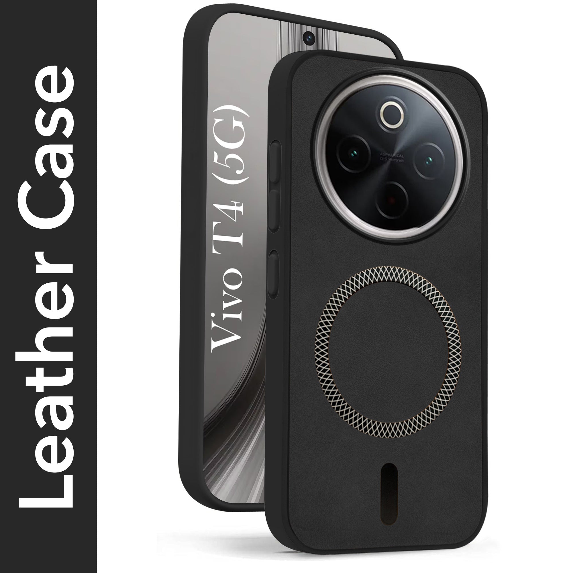 For Vivo T4 Back Cover Case Leather Finish (MagSafe Compatible Wireless Charging | Soft Touch | Camera Bump Protection)