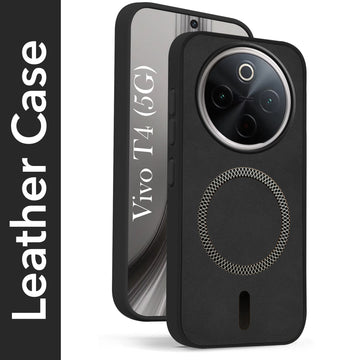 For Vivo T4 Back Cover Case Leather Finish (MagSafe Compatible Wireless Charging | Soft Touch | Camera Bump Protection)