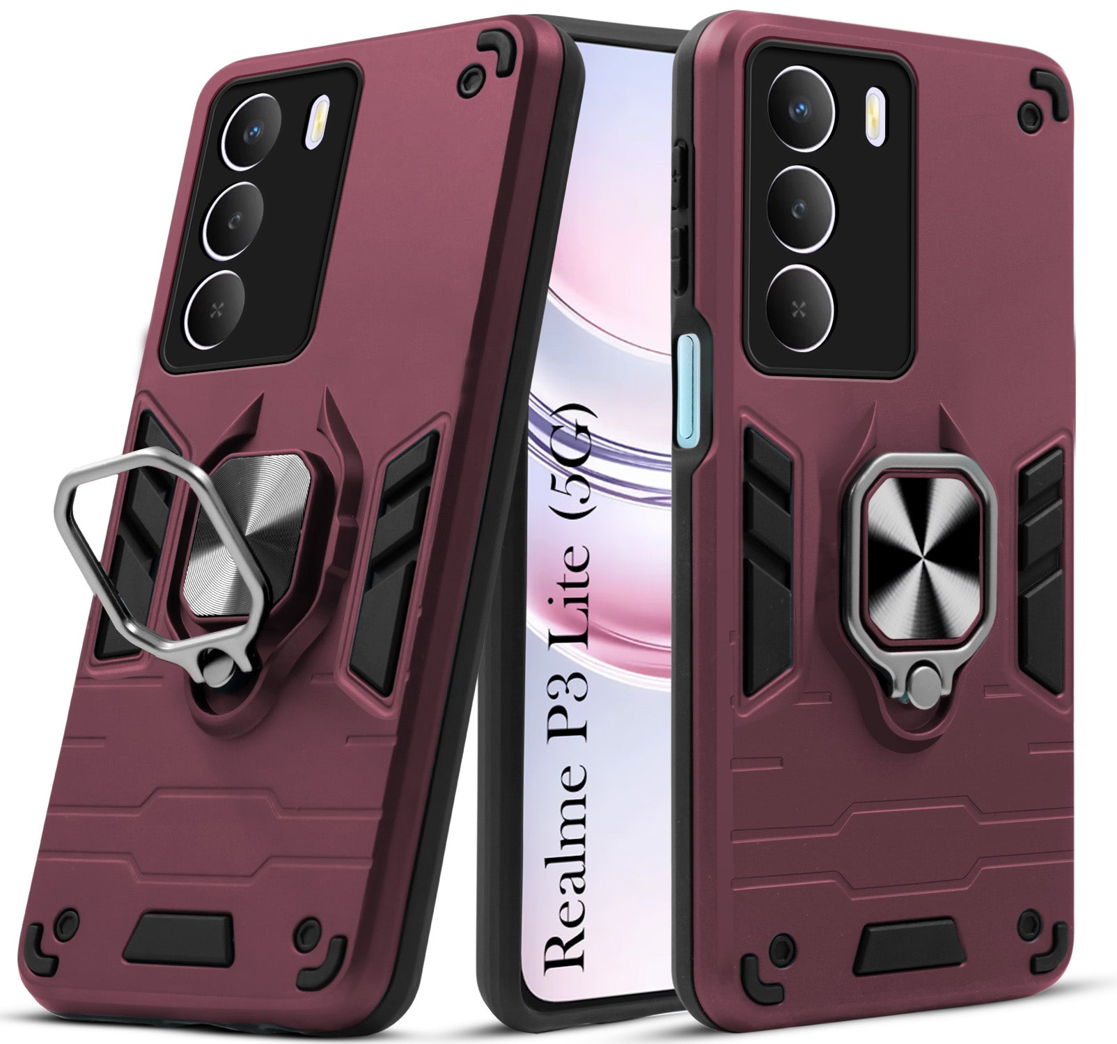 For Realme P3 Lite Hybrid Armor Back Cover Case (Shockproof Dual Layer Polycarbonate |Ring Holder Kickstand)