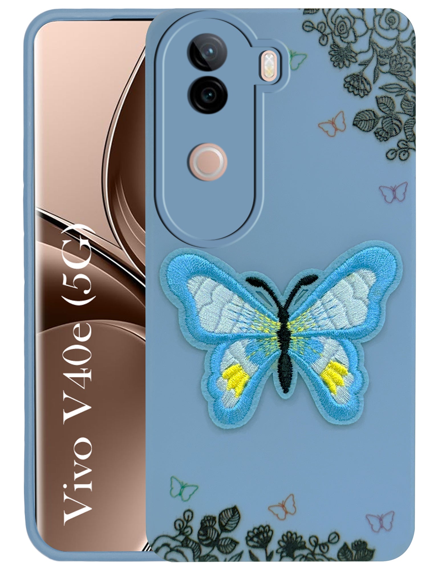 For Vivo V40e Back Cover Case (Soft Butterfly Embroidery | Women Teen Girls | Camera Protection| Matte Silicone)