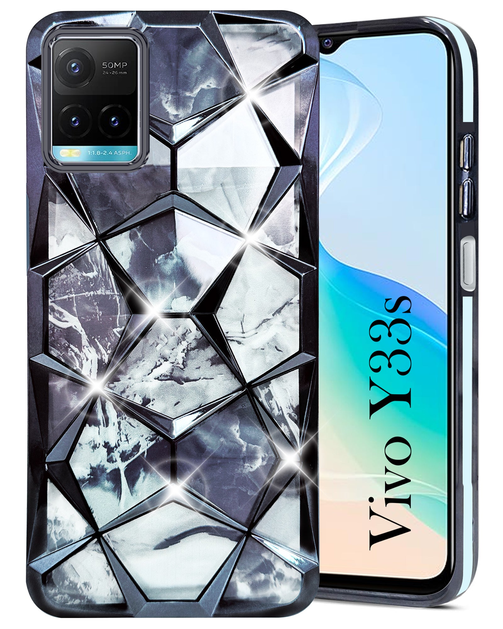 For Vivo Y33s Back Cover Case (Dual Design Glitter Sparkle and Detachable Diamond Print Case | Soft and Flexible)
