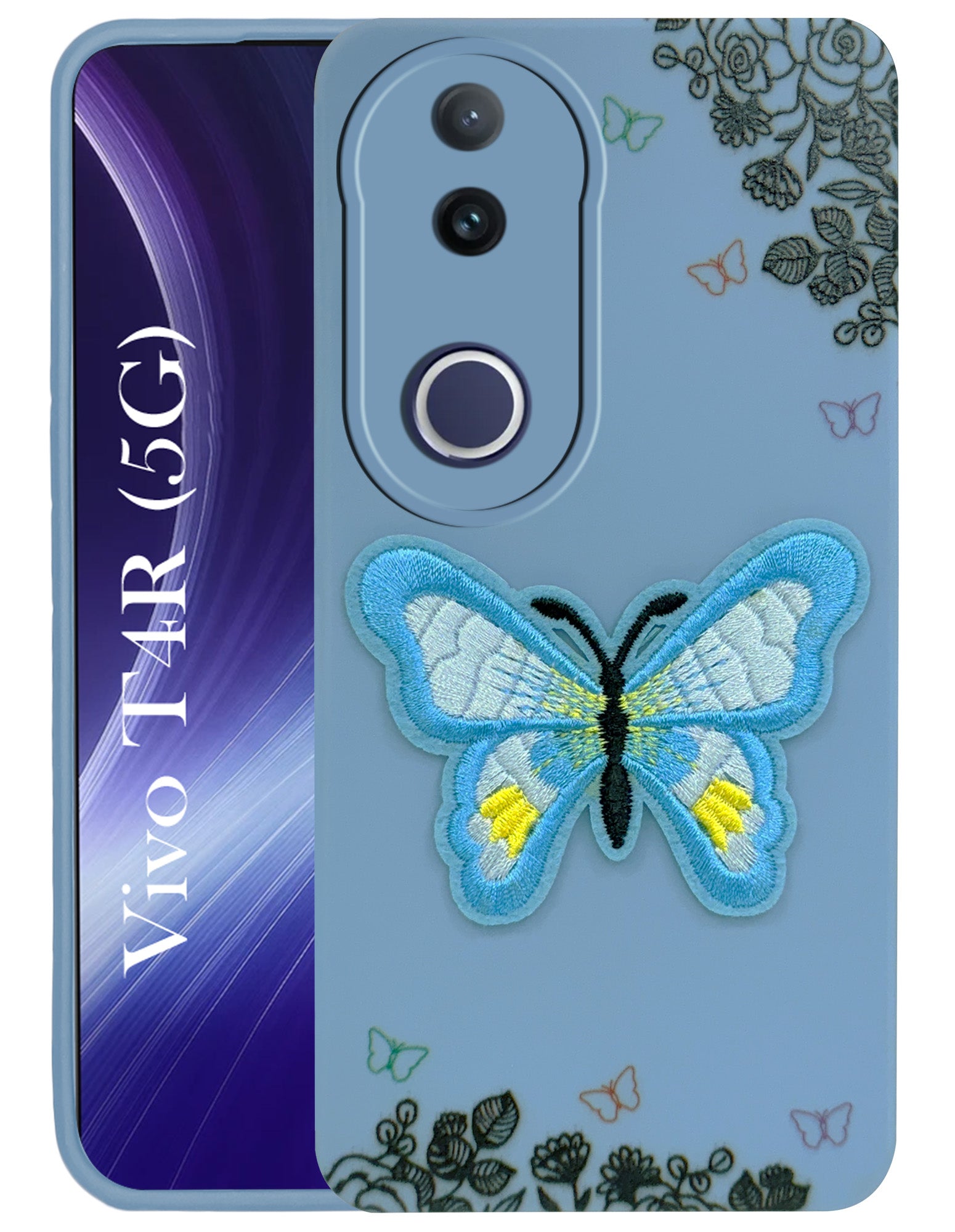 For Vivo T4R Back Cover Case (Soft Butterfly Embroidery | Women Teen Girls | Camera Protection| Matte Silicone)