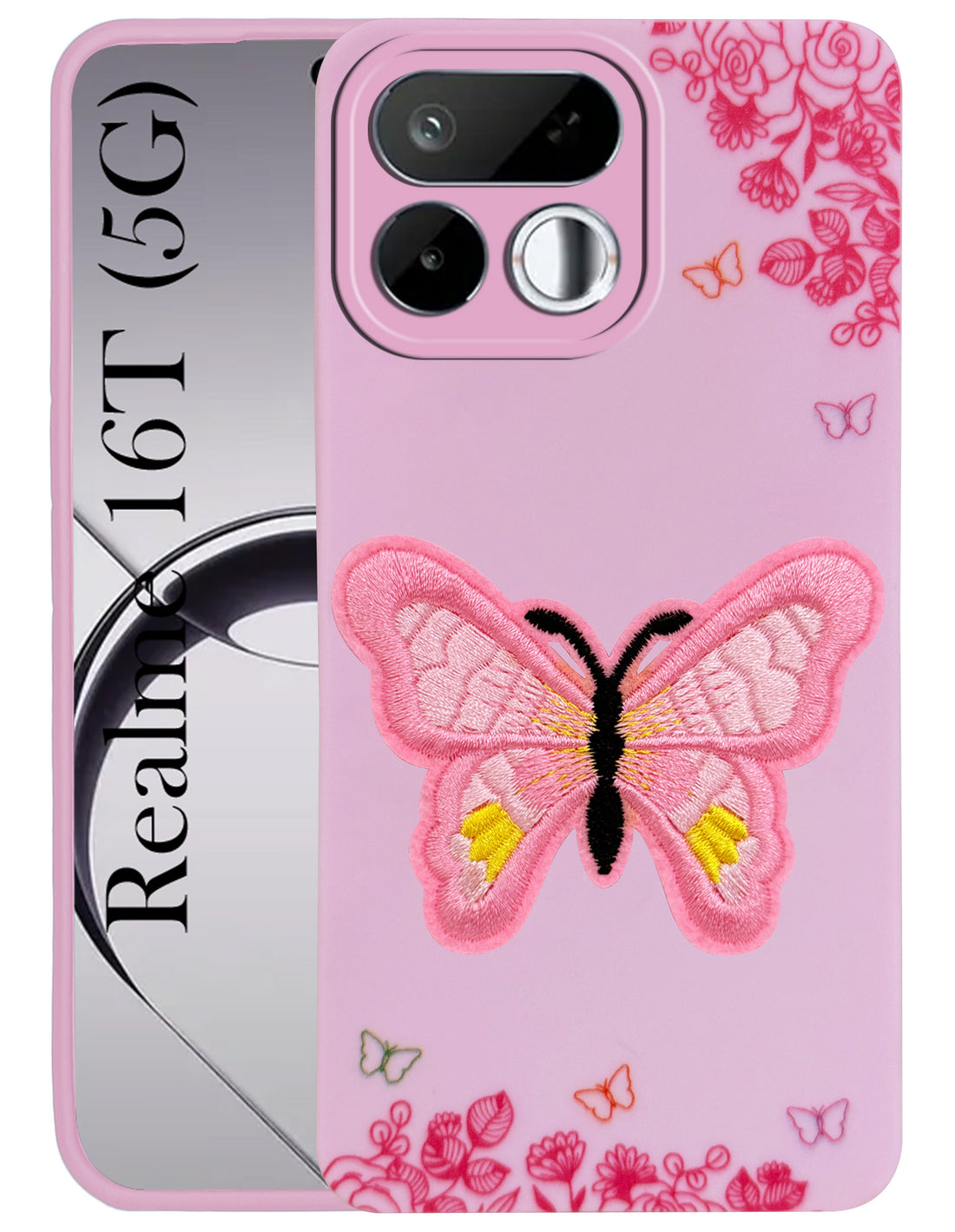 For Realme 16T 5G Back Cover Case (Soft Butterfly Embroidery | Women Teen Girls | Camera Protection| Matte Silicone)