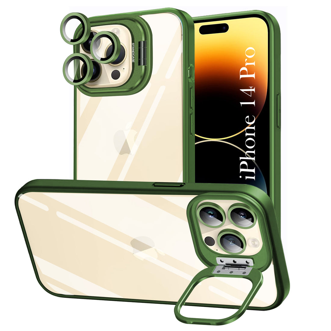 For Apple iPhone 14 Pro Back Cover Case (Camera Lens Glass | Metal Stand Holder | Shockproof Hybrid | Anti Yellow |)