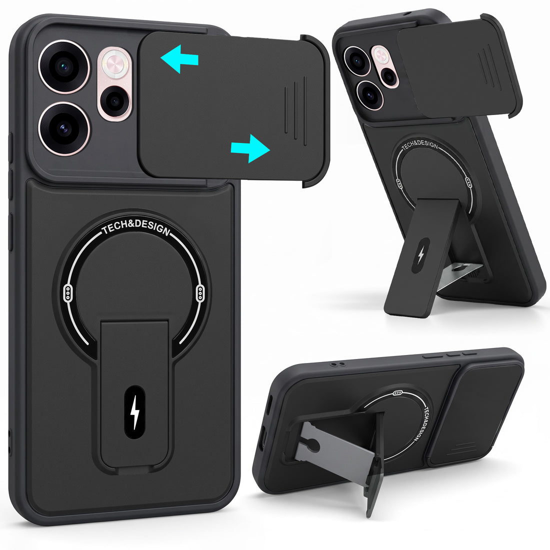 For Oppo Reno 15c Back Case Cover Metallic (Hybrid Armor Kickstand | Sliding Shutter Camera Protection | MagSafe Compatible)