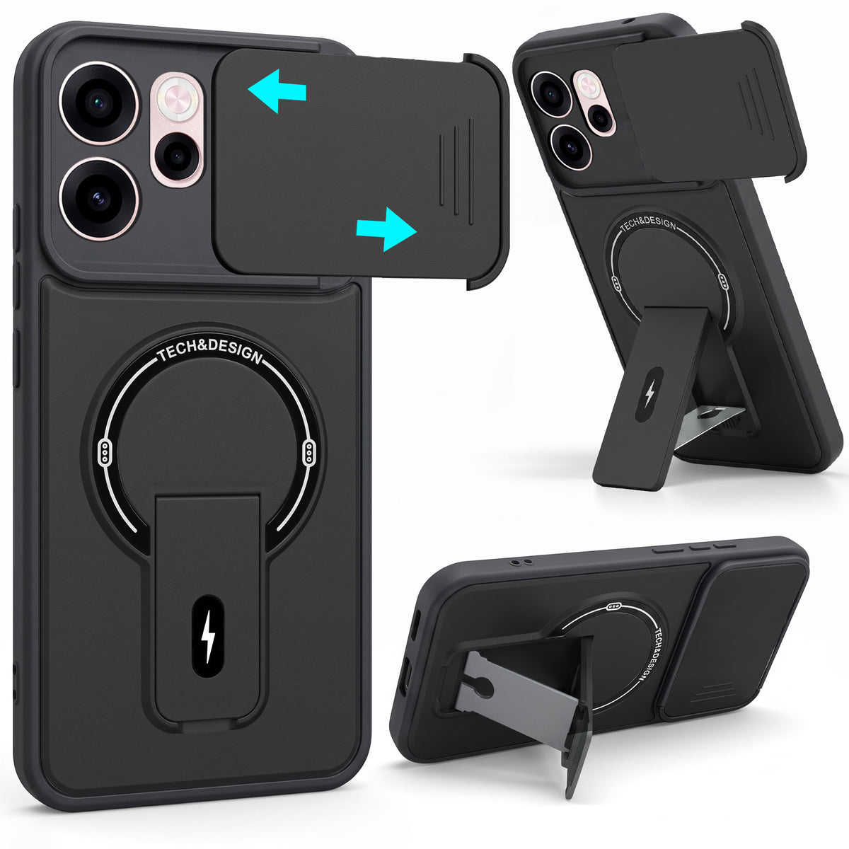 For Oppo Reno 15c Back Case Cover Metallic (Hybrid Armor Kickstand | Sliding Shutter Camera Protection | MagSafe Compatible)