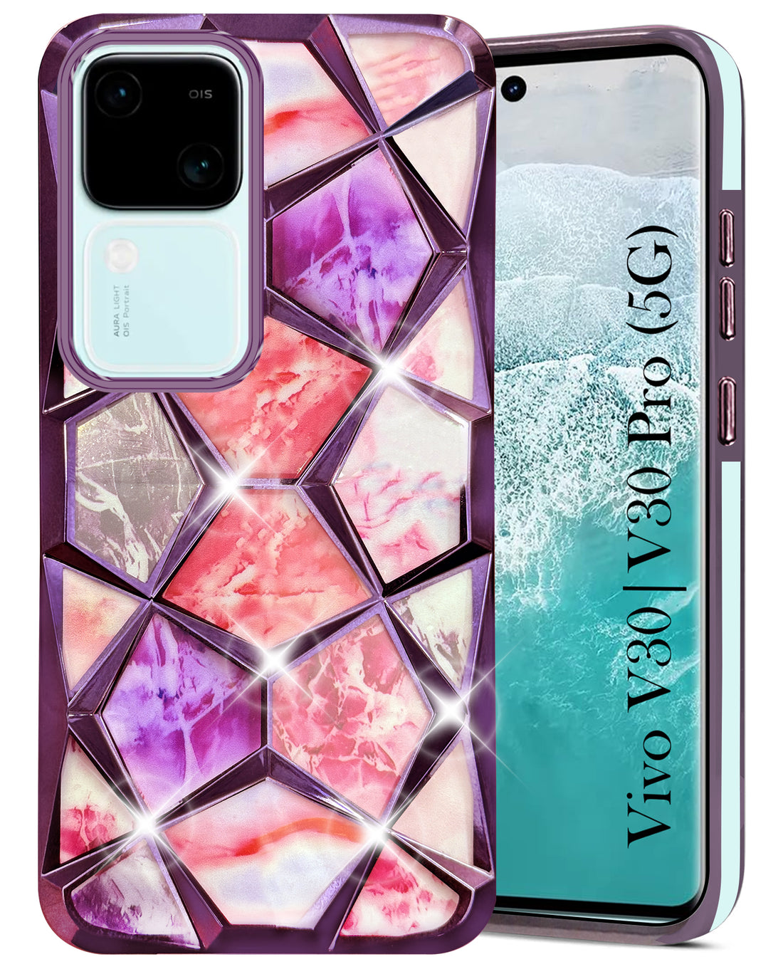 For Vivo V30 | Vivo V30 Pro 5G Back Cover Case (Dual Design Glitter Sparkle and Detachable Diamond Print Case | Soft and Flexible)