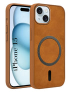 For Apple iPhone 15 Back Cover Case Leather Finish (MagSafe Compatible Wireless Charging | Soft Touch | Camera Bump Protection)