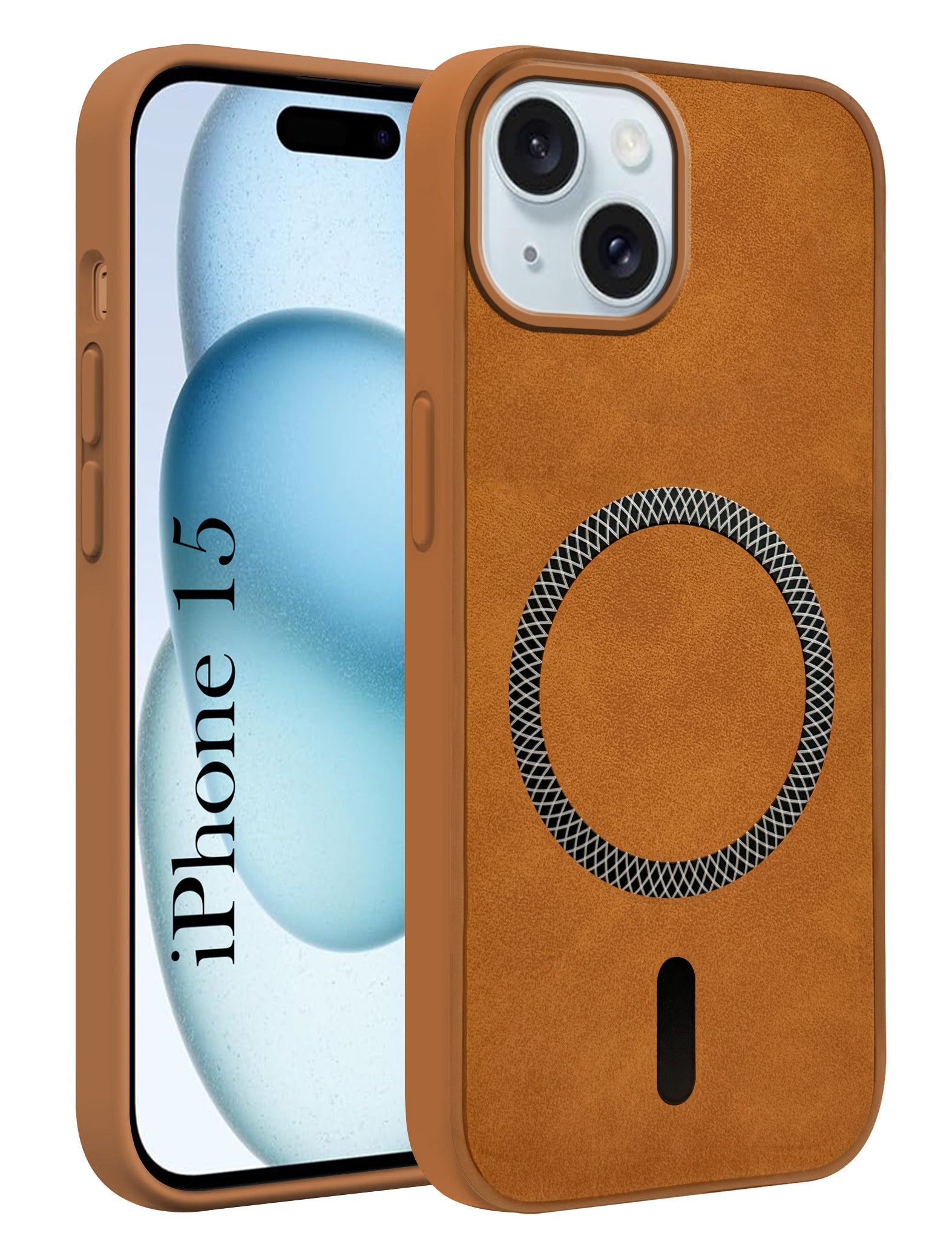 For Apple iPhone 15 Back Cover Case Leather Finish (MagSafe Compatible Wireless Charging | Soft Touch | Camera Bump Protection)