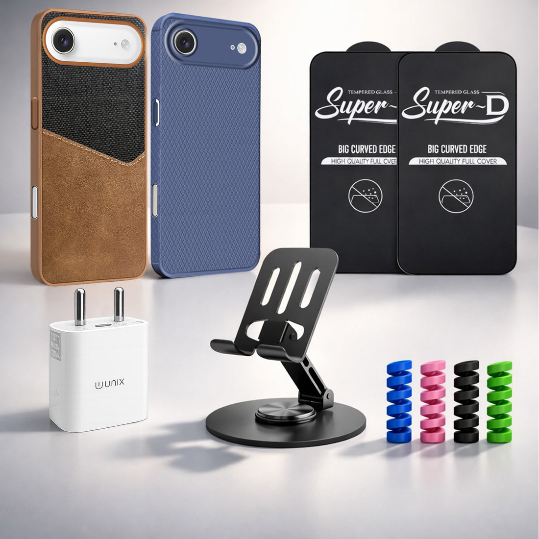 Complete Mobile Care Kit (Get Any 2 Cases+2 Tempered Glass+25W Charger Adapter+Metallic Mobile Stand+Cable Protector)