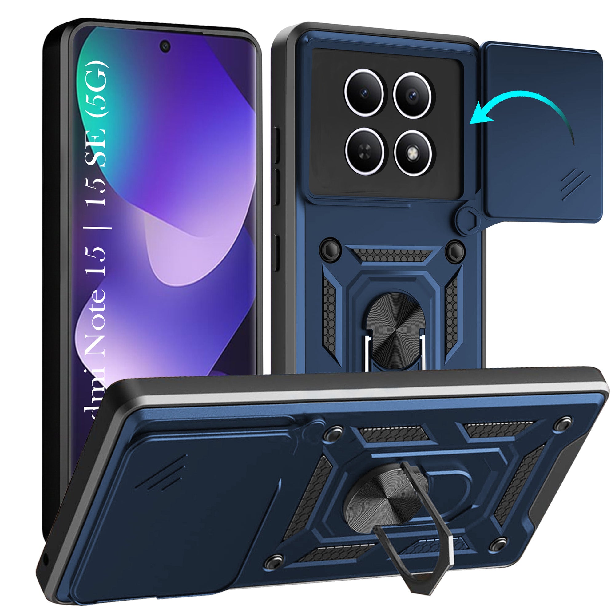 For Redmi note 15 | Redmi note 15 SE (5G) Back Cover Case Hybrid Armor (Sliding Shutter Camera Protection | Polycarbonate |Ring Holder Kickstand)