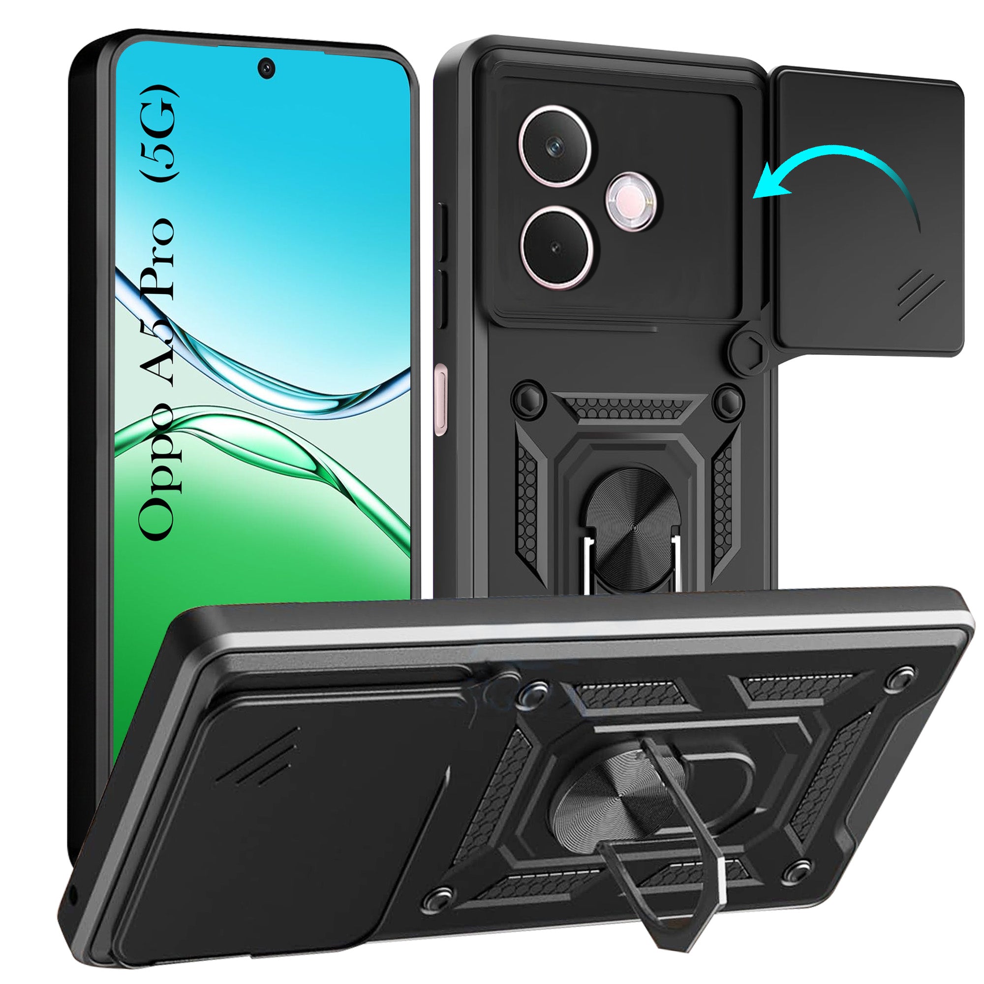 For Oppo A5 Pro Back Cover Case Hybrid Armor (Sliding Shutter Camera Protection | Polycarbonate |Ring Holder Kickstand)