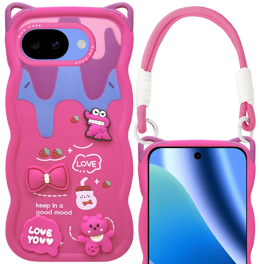 For Google Pixel 10a Back Case Cover Strap (3D Embossed Figures | Strap Holder | 360* Soft Cushion with Camera Bump)