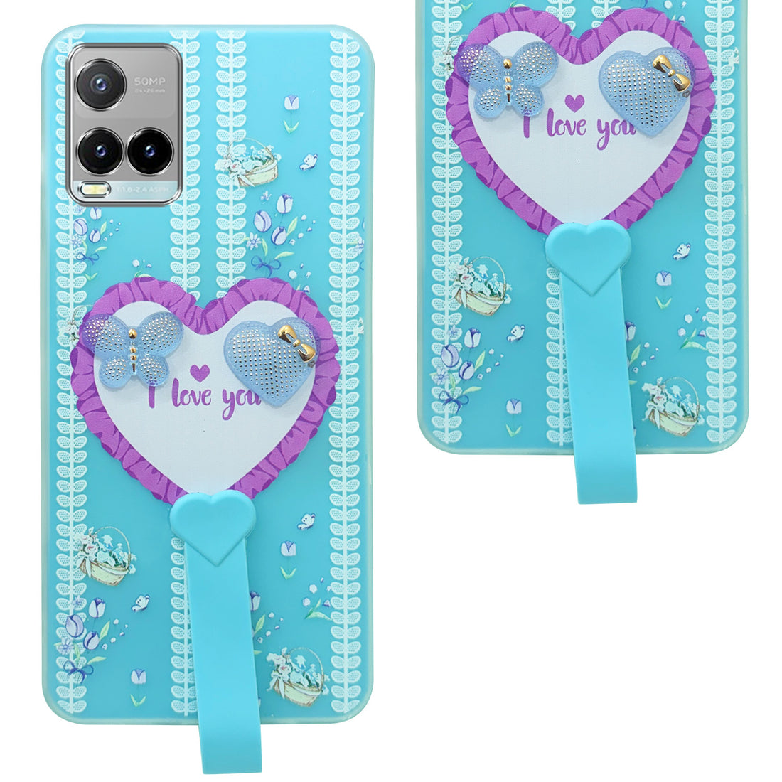 For Vivo Y33s Back Cover Case (3D Cute Heart Strap Holder | Camera Protection | Designer Girls Print)