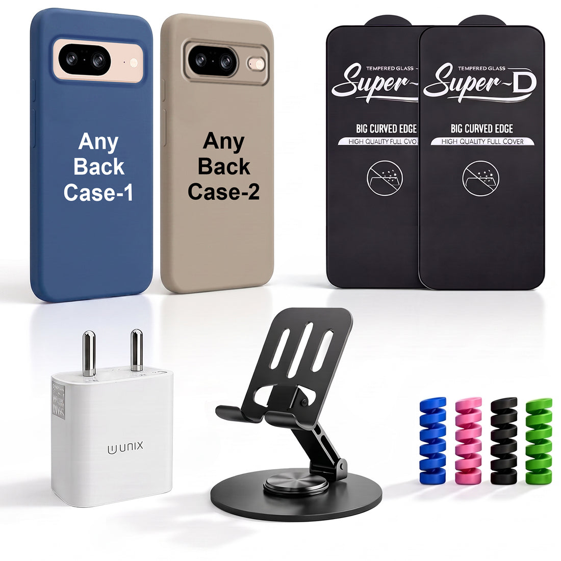 Complete Mobile Care Kit (Get Any 2 Cases+2 Tempered Glass+25W Charger Adapter+Metallic Mobile Stand+Cable Protector)