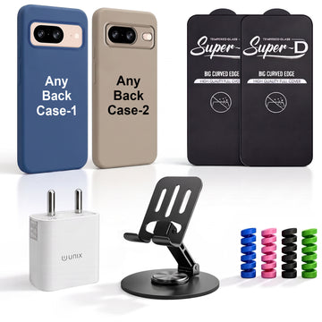 Complete Mobile Care Kit (Get Any 2 Cases+2 Tempered Glass+25W Charger Adapter+Metallic Mobile Stand+Cable Protector)
