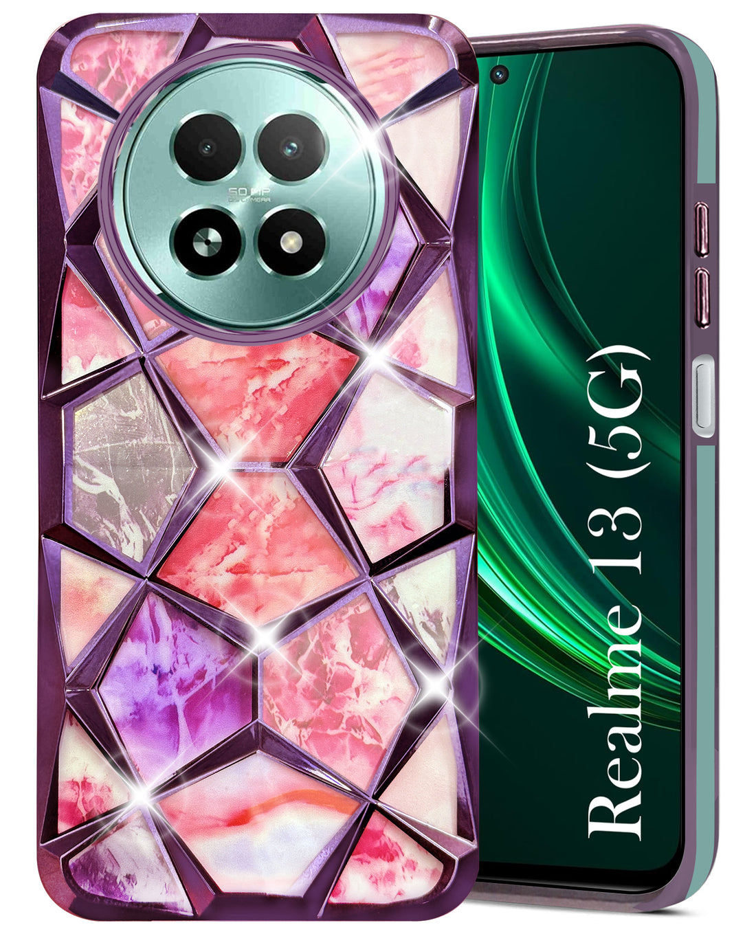 For Realme 13 Back Cover Case (Dual Design Glitter Sparkle and Detachable Diamond Print Case | Soft and Flexible)