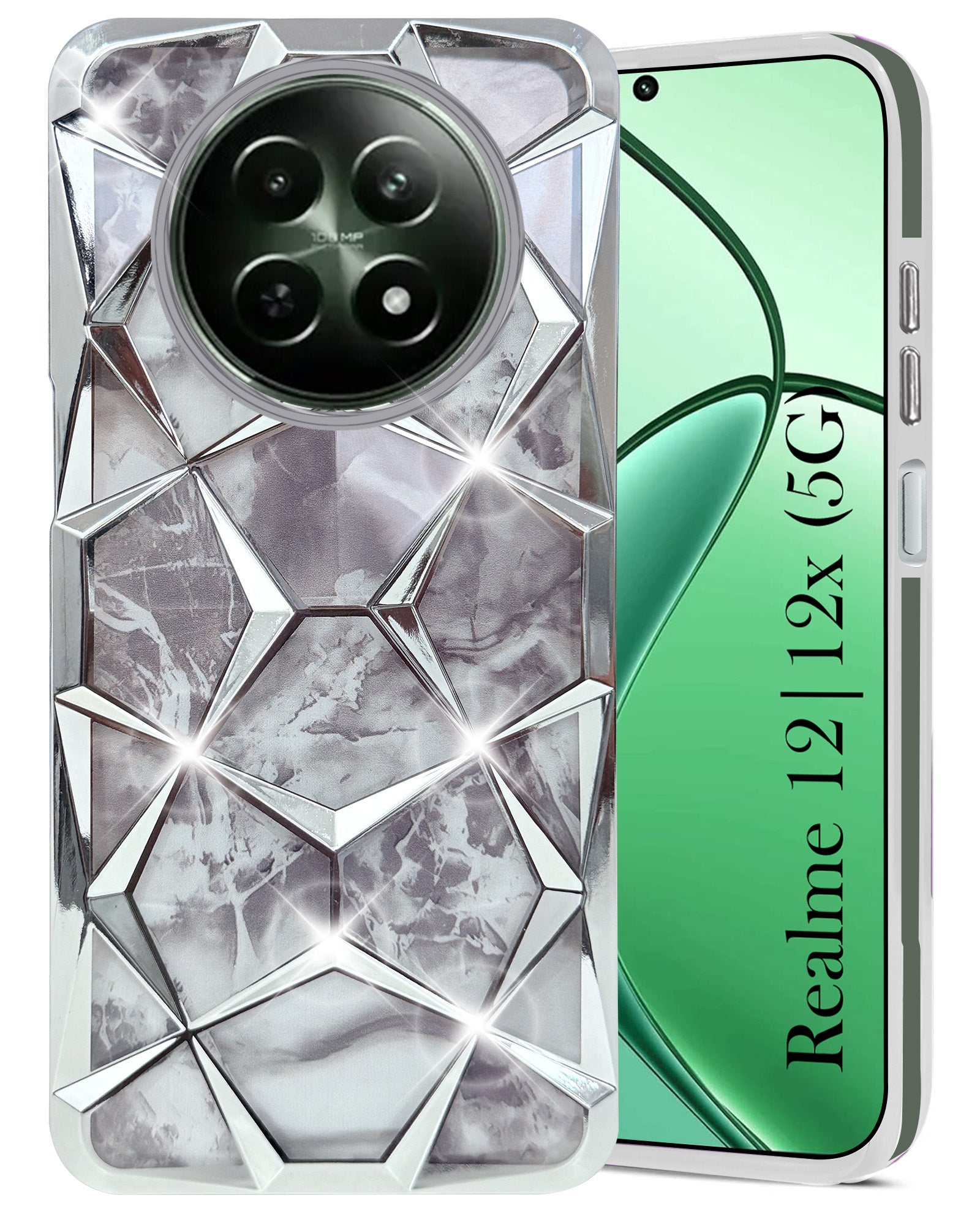 For Realme 12 | Realme 12X Back Cover Case( Dual Design Glitter Sparkle and Detachable Diamond Print Case | Soft and Flexible)