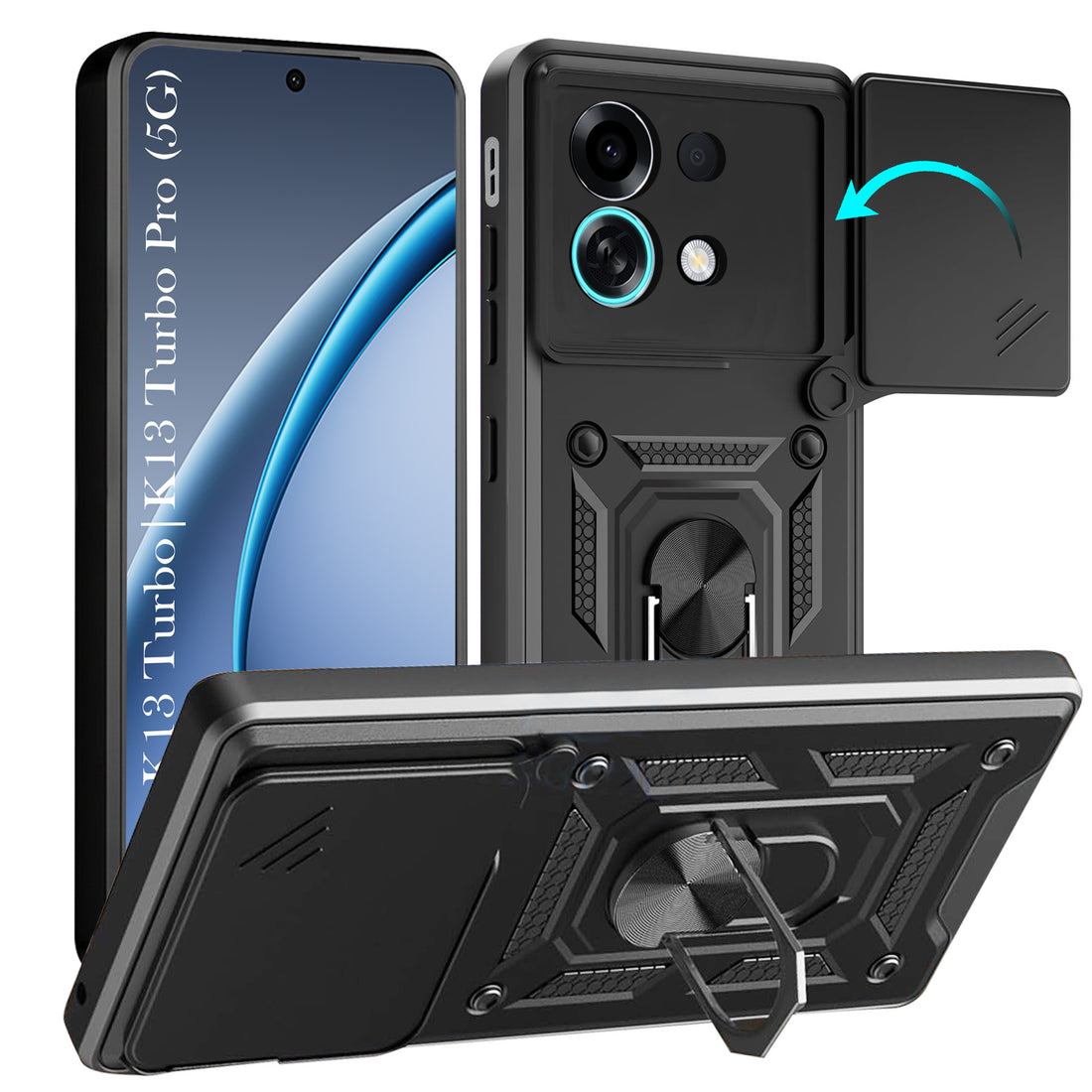 For Oppo K13 Turbo | Oppo K13 Turbo Pro Back Cover Case Hybrid Armor (Sliding Shutter Camera Protection | Polycarbonate |Ring Holder Kickstand)
