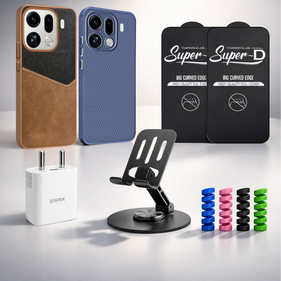 Complete Mobile Care Kit (Get Any 2 Cases+2 Tempered Glass+25W Charger Adapter+Metallic Mobile Stand+Cable Protector)
