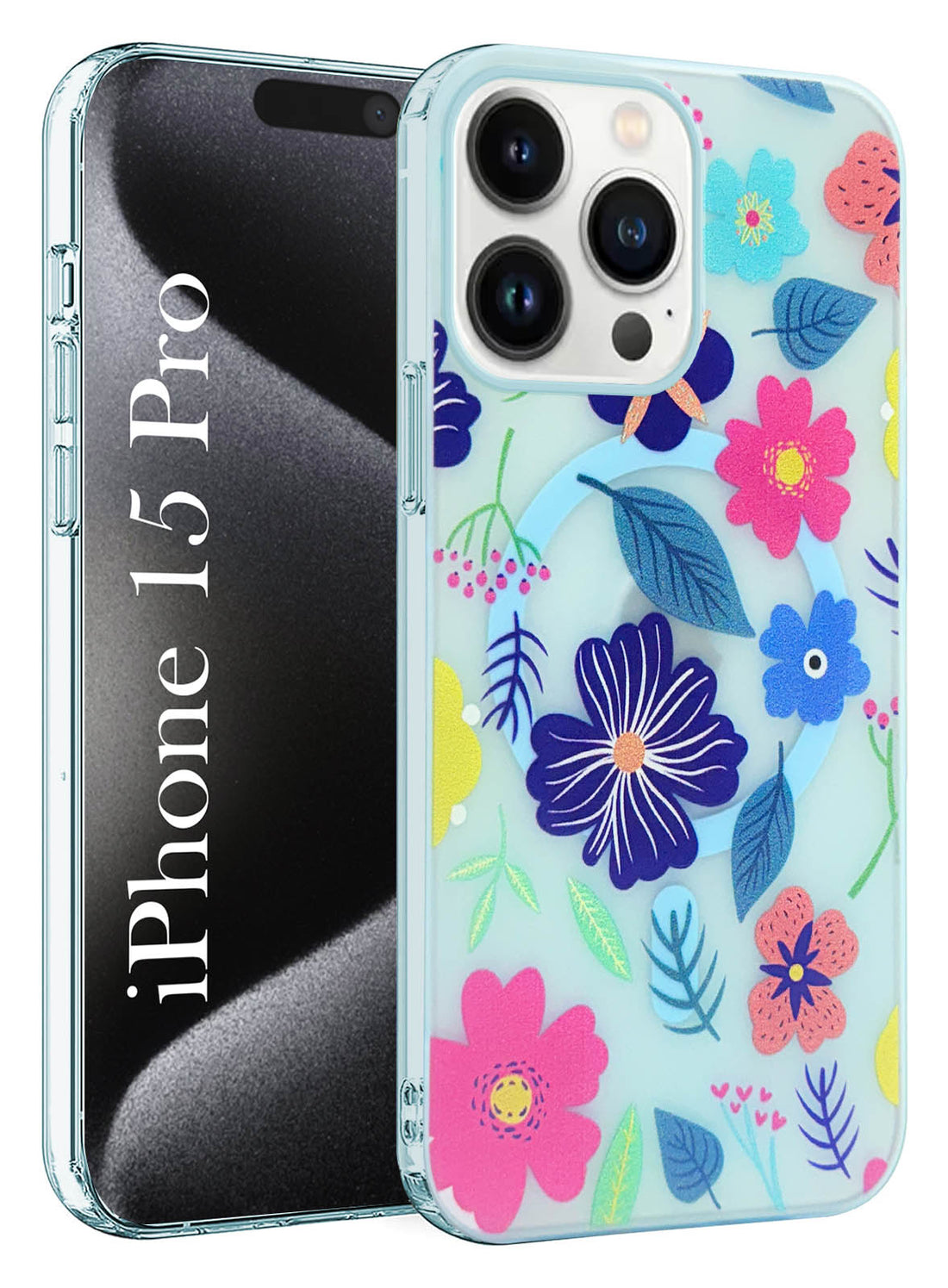 For Apple iPhone 15 Pro Back Cover Case (Cute Floral Design | Flower Print for Girls | MagSafe Compatible Wireless Charging)