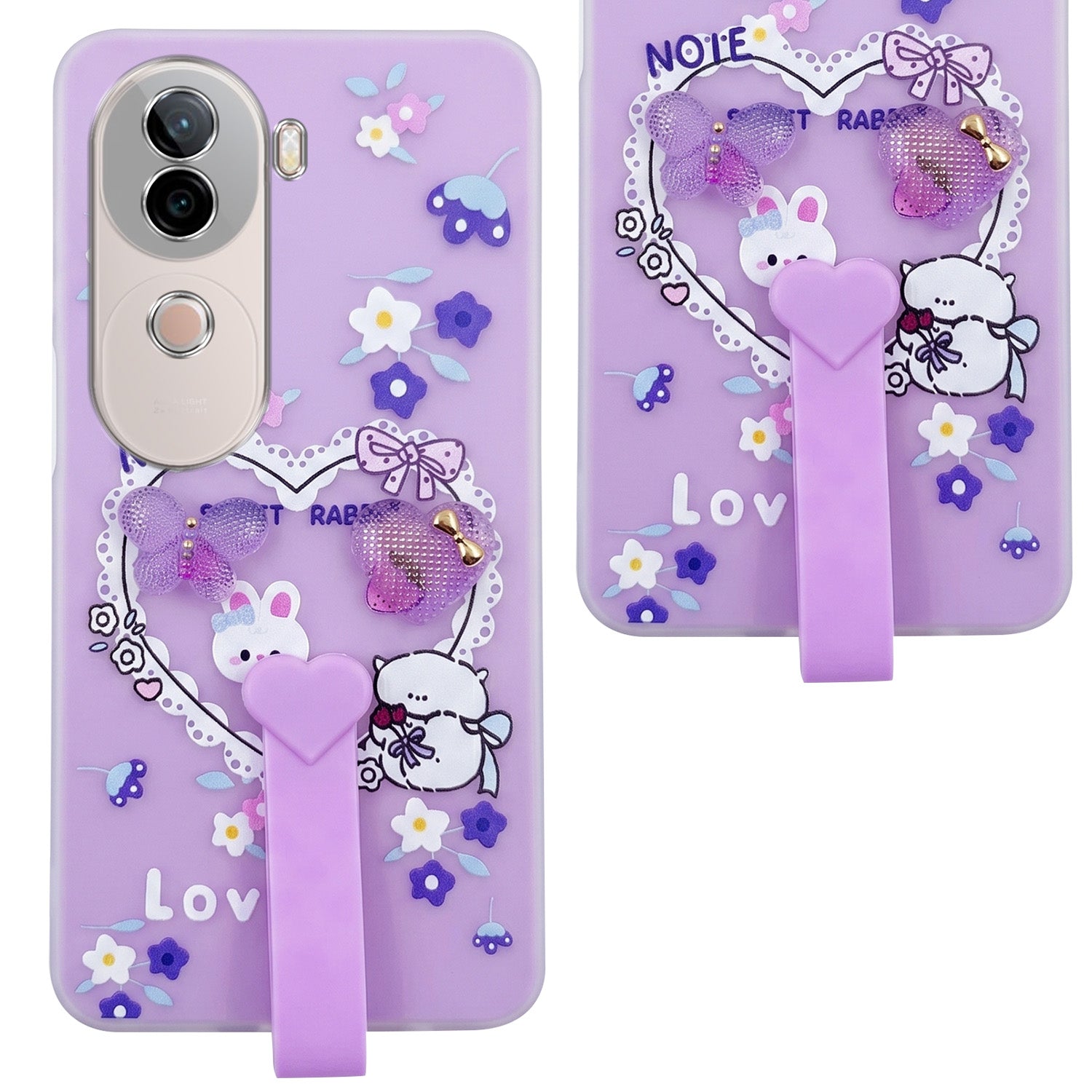 For Vivo V40e Back Cover Case (3D Cute Heart Strap Holder | Camera Protection | Designer Girls Print)