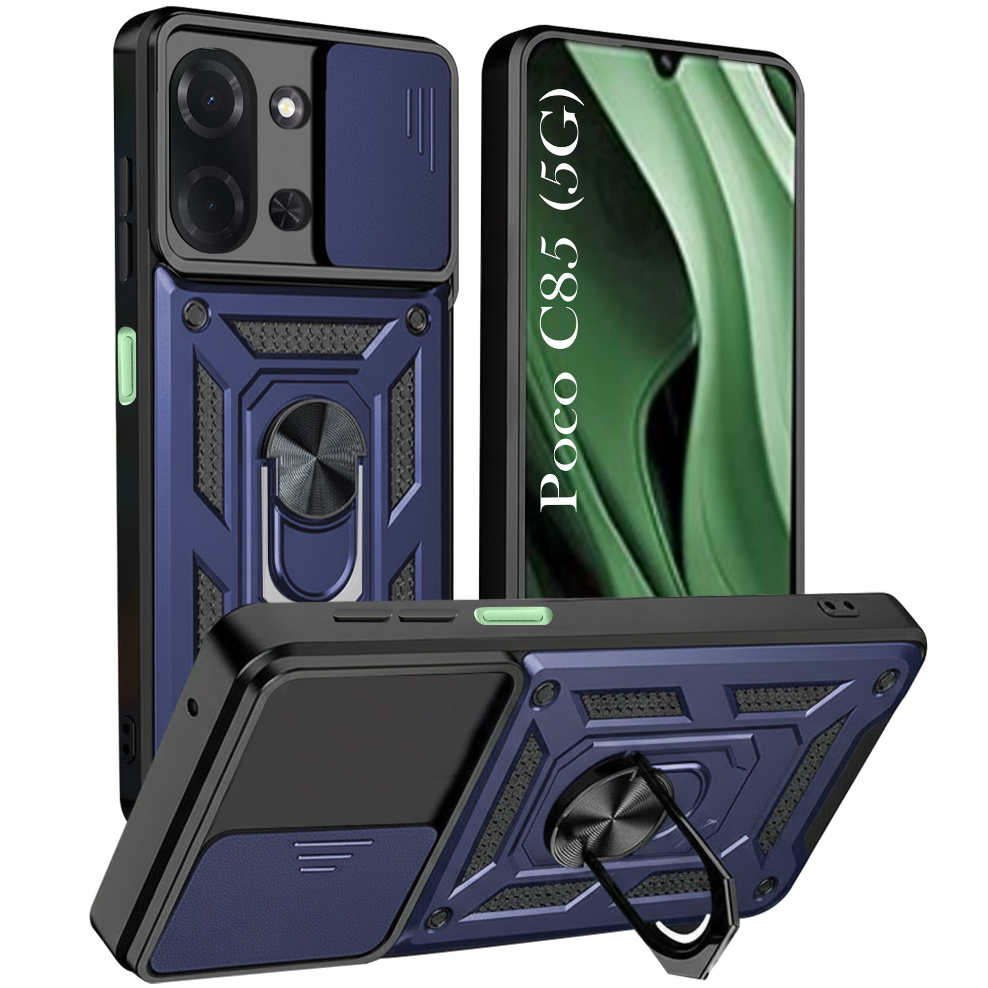 For Poco C85 5G Back Cover Case Hybrid Armor (Sliding Shutter Camera Protection | Polycarbonate |Ring Holder Kickstand)